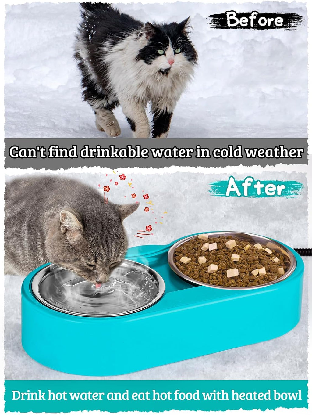 ​Heated Water Bowl for Cats - 48Oz Outdoor Heated Pet Dog Bowl with 2 Stainless Steel Bowl, Thermostatic Control for Keeping Water and Food from Freezing in Winter Cat Gifts - view 2
