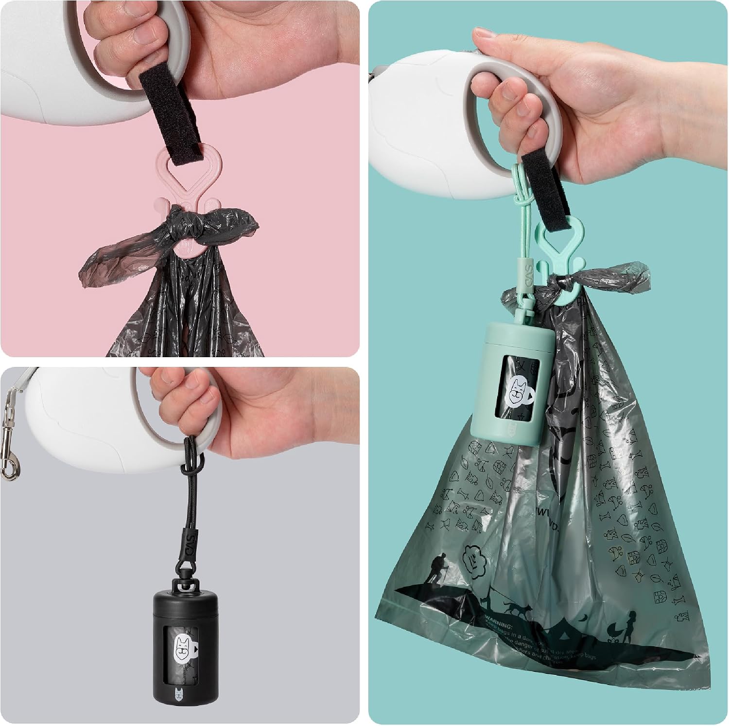 Retractable Dog Poop Bag Dispenser and Waste Bag Holder Kit - Pink | Lightweight, Stretchy Strap Fits Any Dog Leash, Leak-Proof Bag Starter Roll Included, Dog Essentials for Walking and Travel - view 6