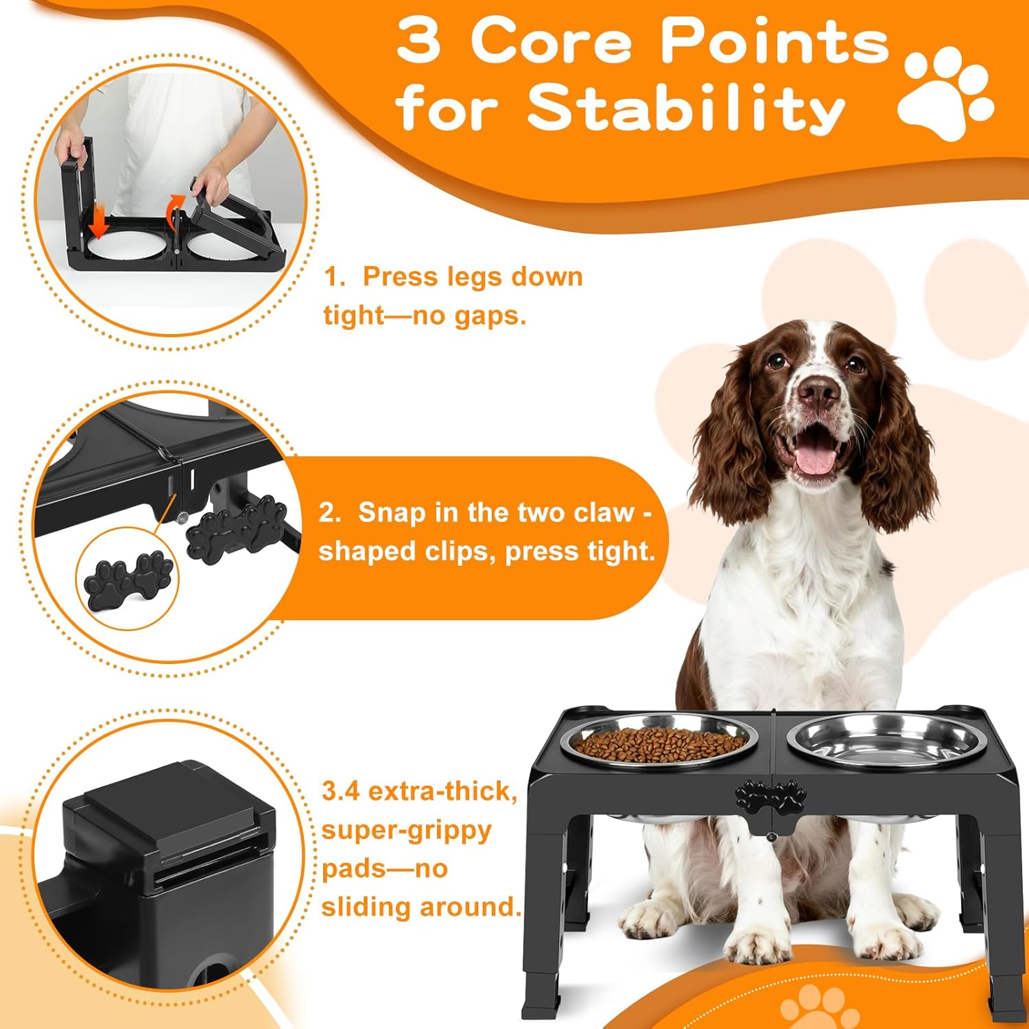Elevated Dog Bowls, 5 Adjustable Heights (3.9"-13.4") Raised Dogs Food Bowl Stand for Medium Large Sized Dogs, Non-Slip Foldable Travel Pet Feeder Black with Stainless Steel Bowls - view 4