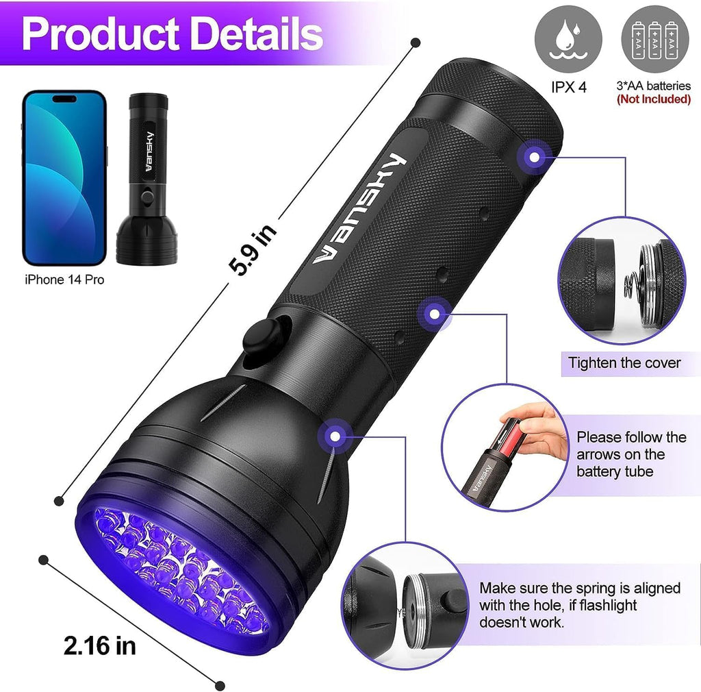 Vansky UV Flashlight Black Light, 51 LED Blacklight Pet Urine Detector for Dog/Cat Urine, Dry Stains, Bed Bug, Resin Curing, Scorpions Finder - view 6