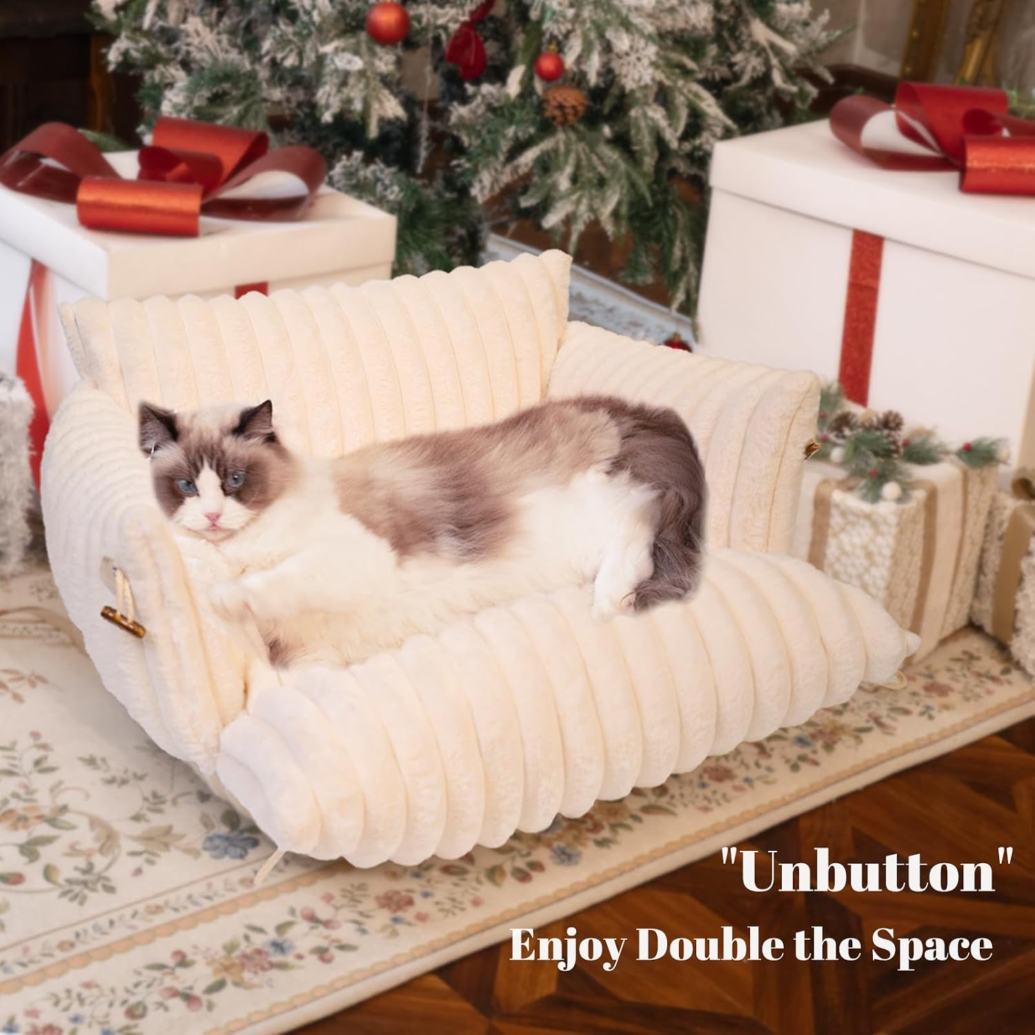 Cat Couch Bed for Indoor Cats Fluffy Cat Sofa Recliner with Removable Washable Cover Cute Pet Lounge Suitable for Puppy Kitten (Off-White) - view 2
