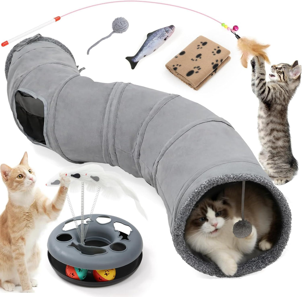 Cat Tunnels for Indoor Cats, 6-in-1 Collapsible Crinkle Play Tunnel | Interactive Roller Track Ball, Cat Enrichment Toy for Kittens Rabbits, Exercise Hide & Seek Tube for Indoor Outdoor Play