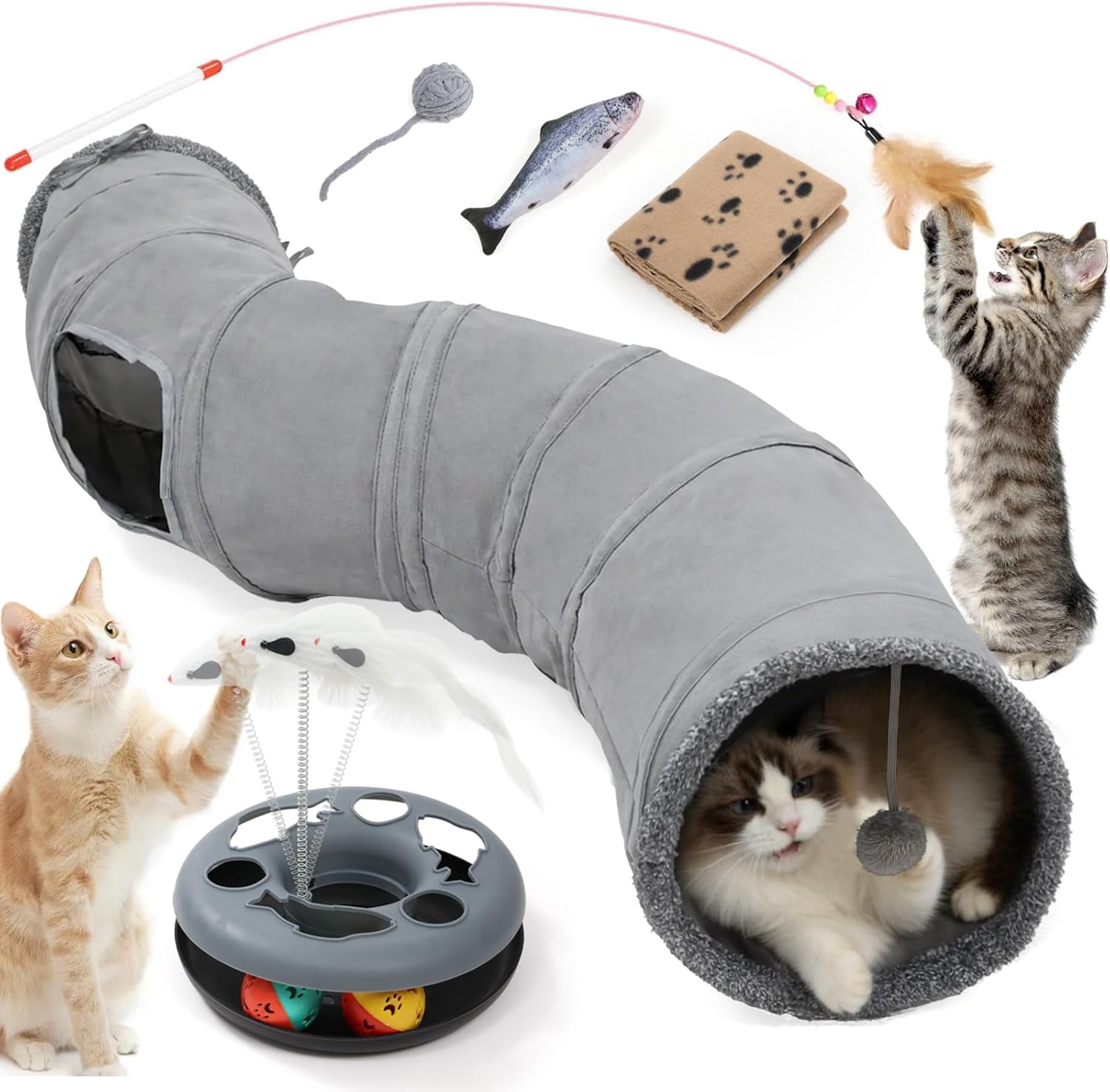 Cat Tunnels for Indoor Cats, 6-in-1 Collapsible Crinkle Play Tunnel | Interactive Roller Track Ball, Cat Enrichment Toy for Kittens Rabbits, Exercise Hide & Seek Tube for Indoor Outdoor Play