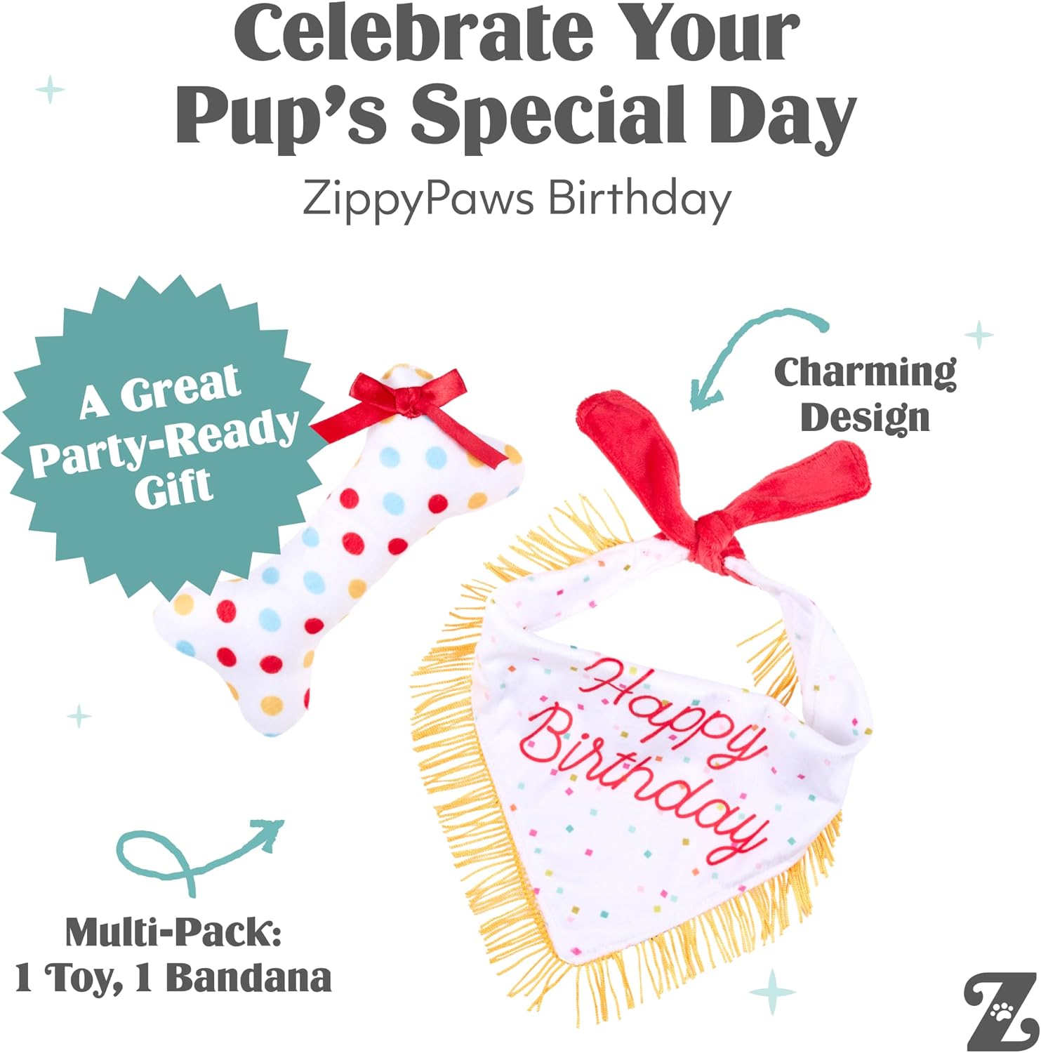 Dog Birthday Gift Bandana & Bone - Cute Accessories for Girl & Boy Dogs, Holiday Set, Fits Small, Medium, & Large Dogs, Stuffed Plush Toy, Machine Washable Handkerchief - One Size Fits Most - view 3