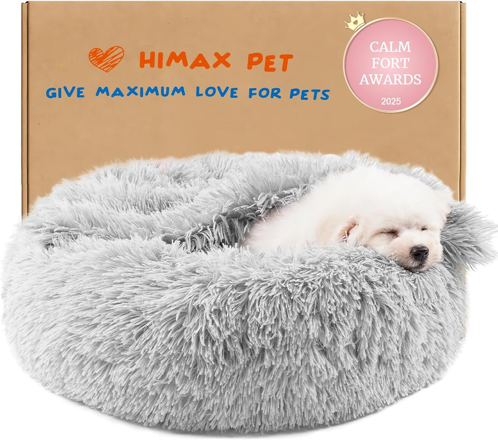 Small cat & dog bed with cover, calming dog bed for small dogs, anti-anxiety donut dog bed with attached blanket, washable round fluffy pet bed (20"/26"/35"), light grey
