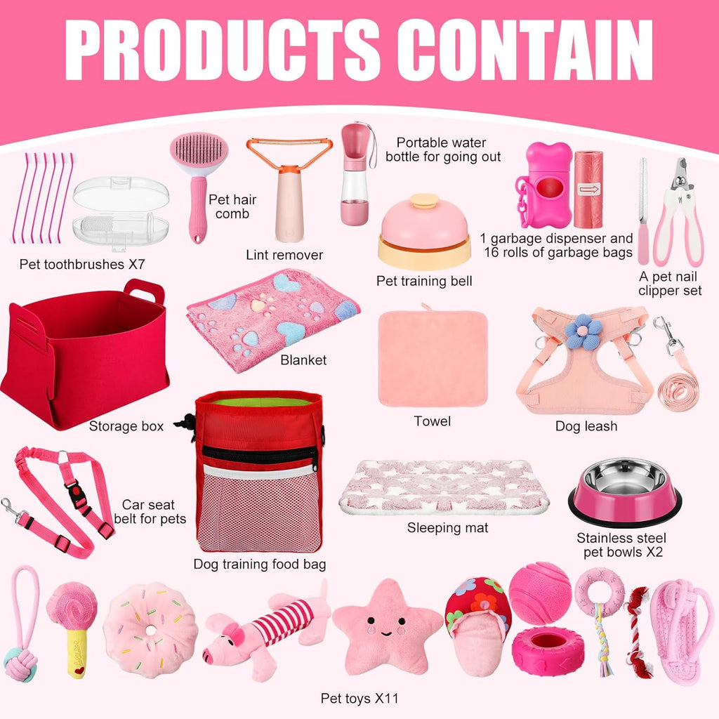 50 Pcs Puppy Supplies Starter Kit for Small Dogs Puppy Essentials Includes Leash, Bowls, Teeth Brushes, Water Bottle, and More Accessories for Dogs Pet Day Welcome Gift(Pink) - view 5