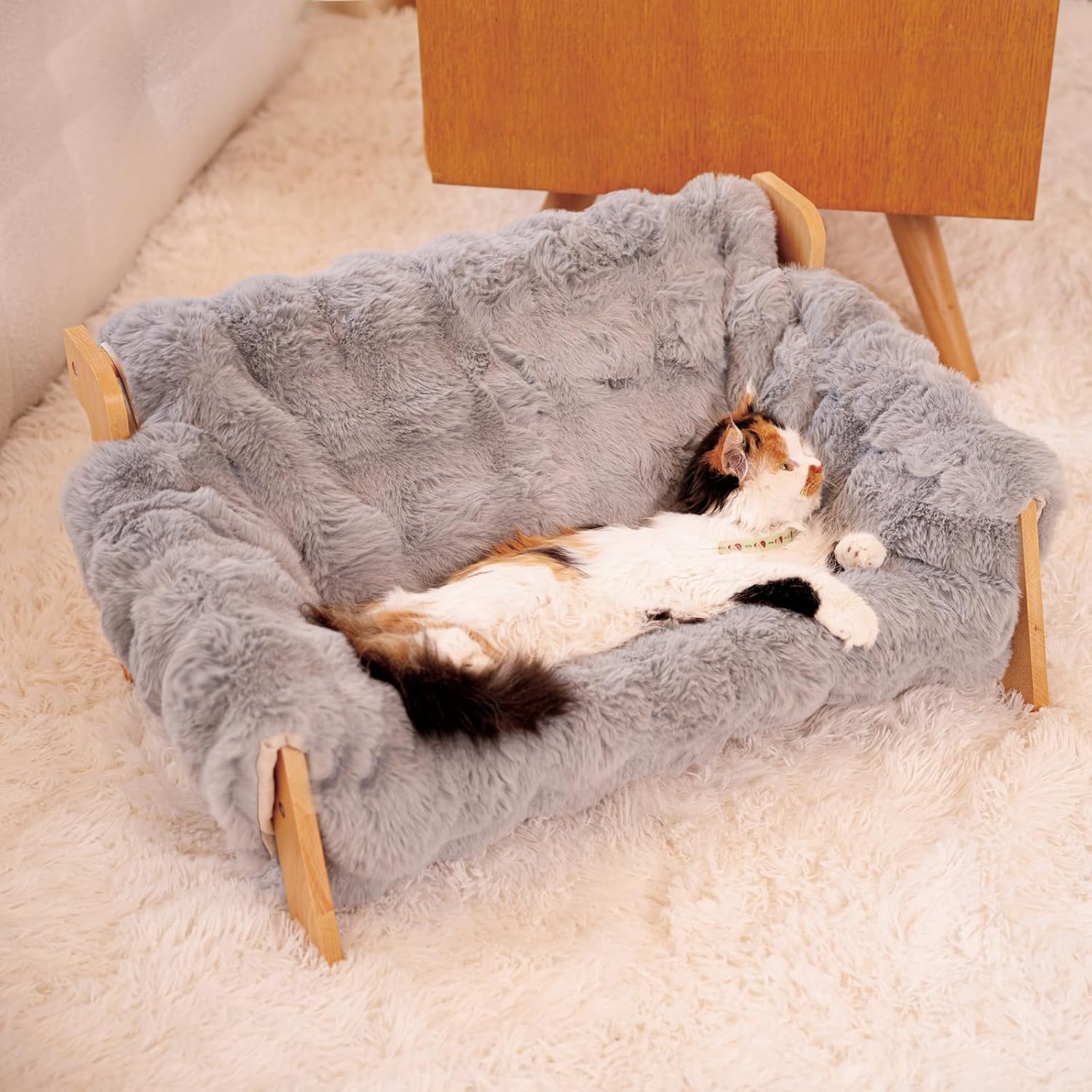 Elevated Cat Couch Bed Wooden Raised Kitty Sofa Lounge Chair | Washable Fluffy Cover Wooden Elevated Pet Furniture for Indoor Cats and Puppy(White) - view 8