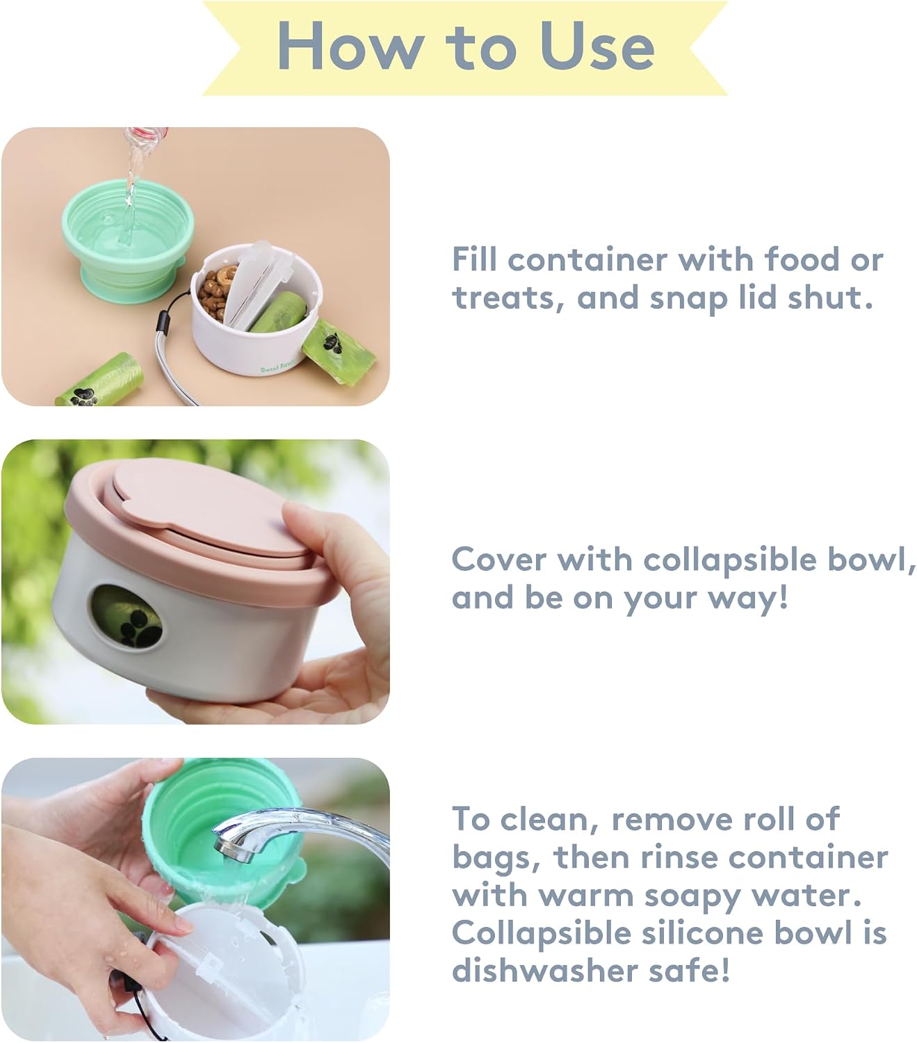 3-in-1 portable pet food container for puppies and small breeds, comes with a silicone water bowl and poop bag dispenser in one, glacier - view 6