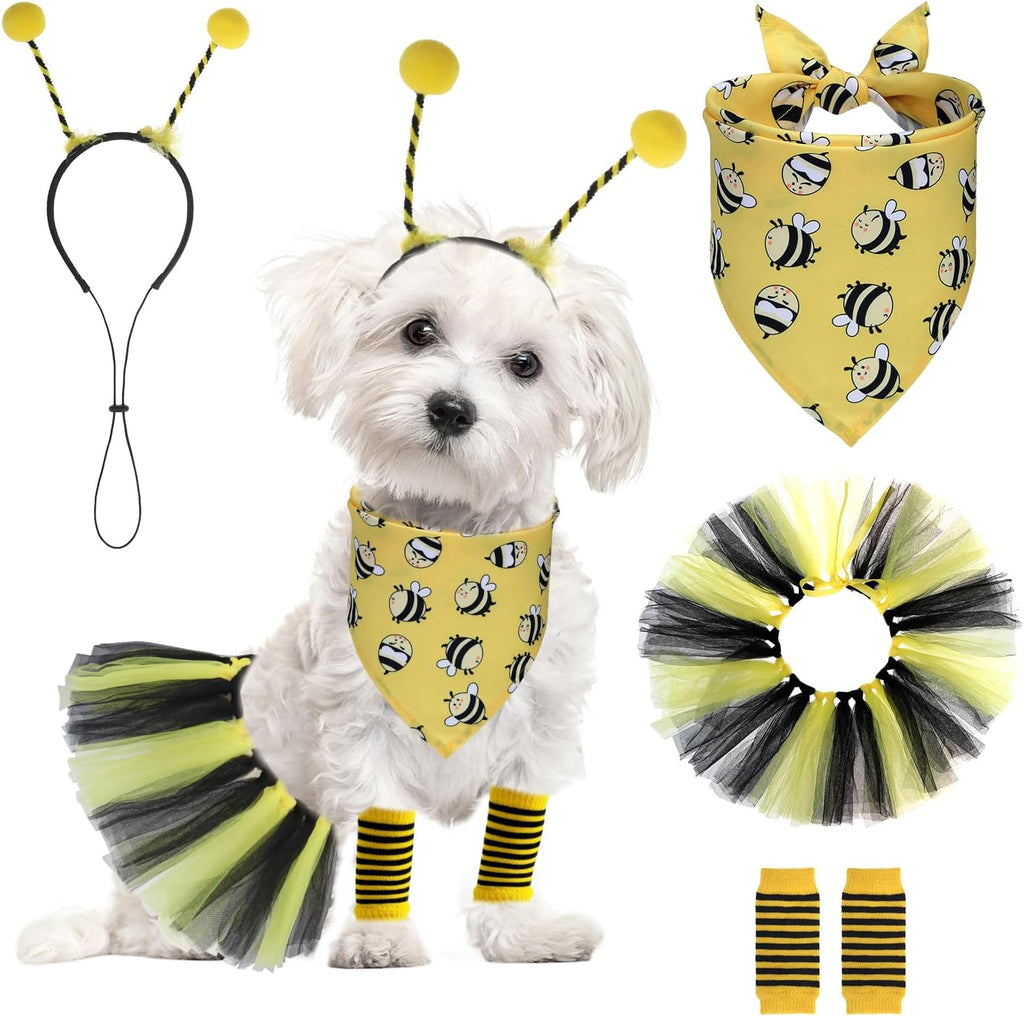 Dog Bee Costume, Bumble bee Dog Bandana Outfit with Cute Headband Tutu Skirt Leg Sleeves Set, Funny Puppy Halloween Costume Party Cosplay Accessory Supplies for Small Medium Dogs Cats
