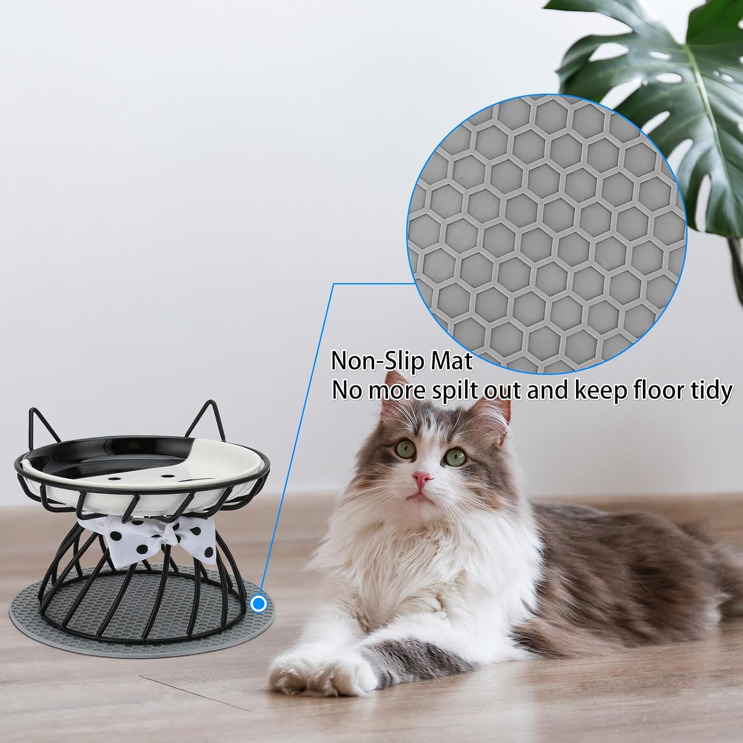 Elevated cat food dish, ceramic, non-slip stand, raised feeding station, 5 in, shallow for whiskers, dishwasher safe with wide shallow dish for whisker comfort - view 3