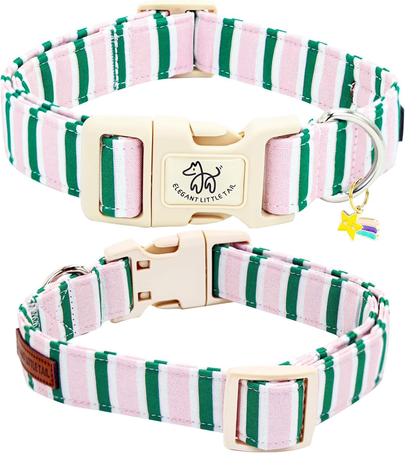 Dog collar, cute pink with green strip pattern pet collars soft girl or boy adjustable cotton puppy collar with quick release buckle for small puppy - view 3