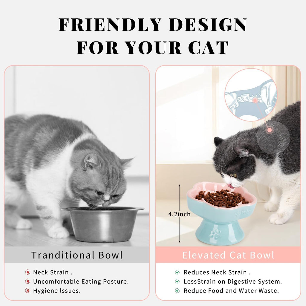Raised Slow Feeder Cat Bowl, Ceramic Elevated and Titled Glass Food Bowl Small Dogs Slow Feeder, Flower Shaped Cute Cat Dish for Dry and Wet Food (Pink, 5.8") - view 5