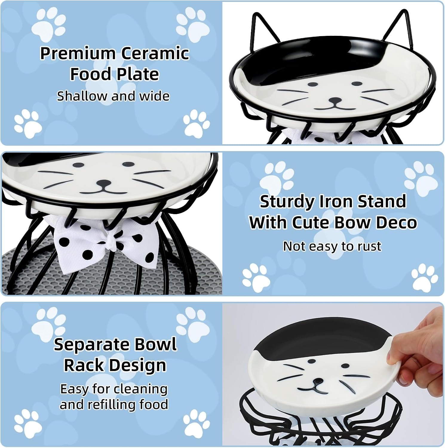 Elevated cat food dish, ceramic, non-slip stand, raised feeding station, 5 in, shallow for whiskers, dishwasher safe with wide shallow dish for whisker comfort - view 4