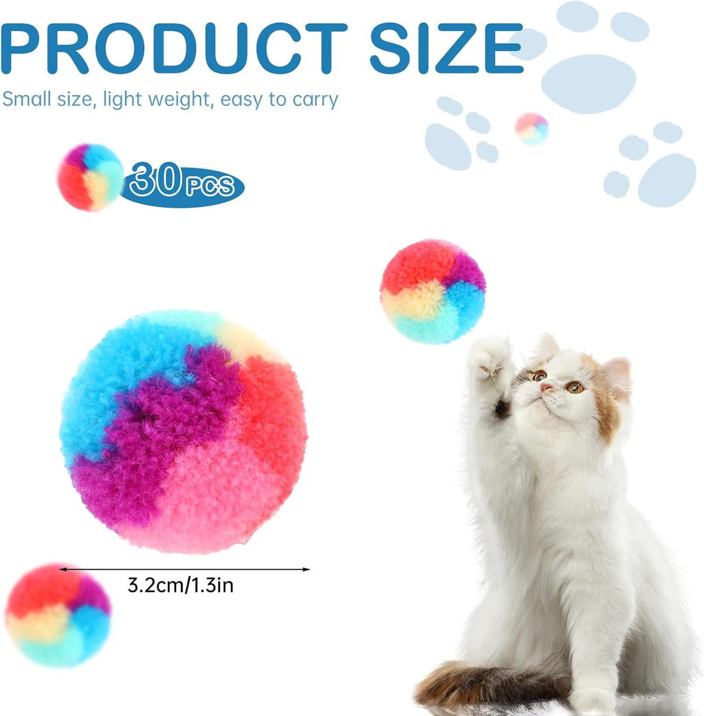 30 Pcs Soft Plush Cat Ball 1.2-inch Rainbow Cat Toy Balls Fuzzy Kitty Balls Kitten Puff Balls Colorful Cat Pom Pom Balls for Cat Kitten Pet Playing Exercising - view 6