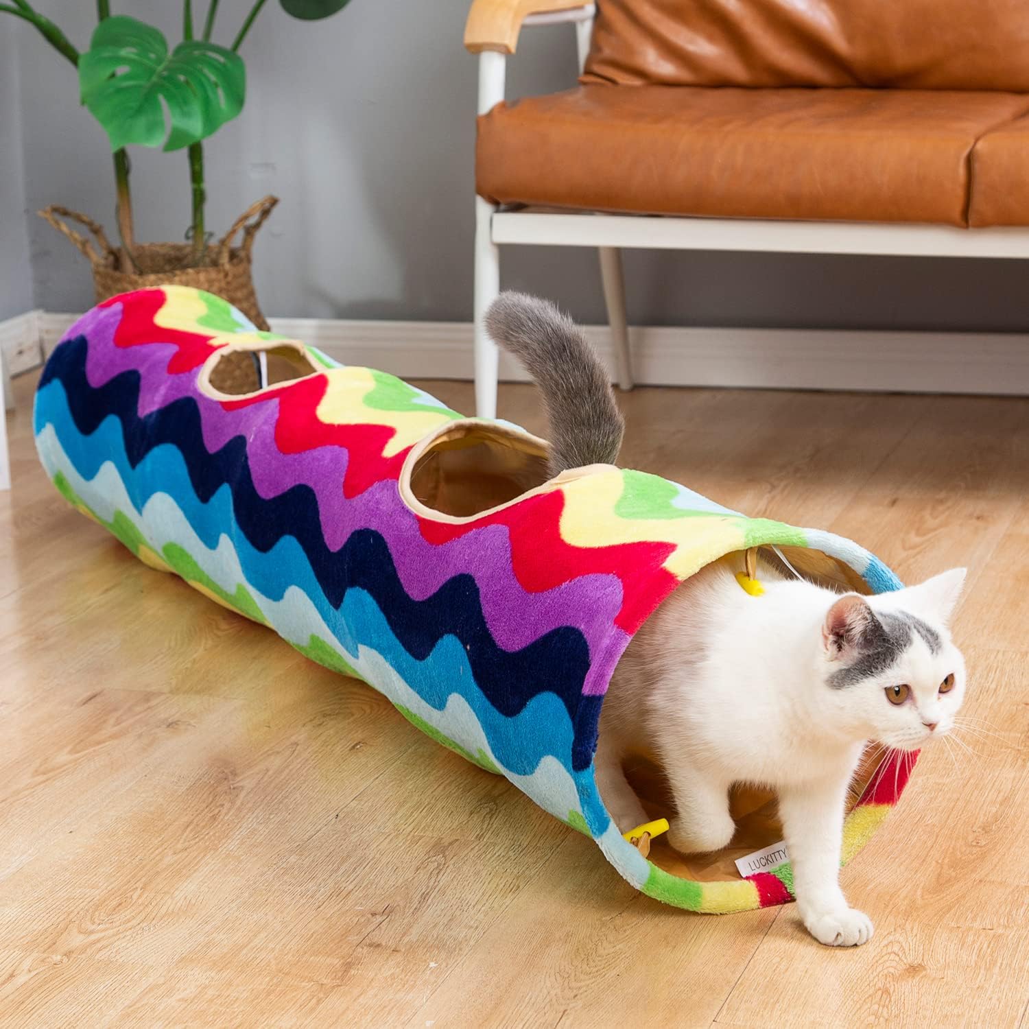 Cat tunnel - straight-shaped, rainbow wave color, soft velvet exterior, Oxford fabric fog-proof interior, plush toy ball, easily washable, conveniently foldable, 47.2in/120cm - view 6
