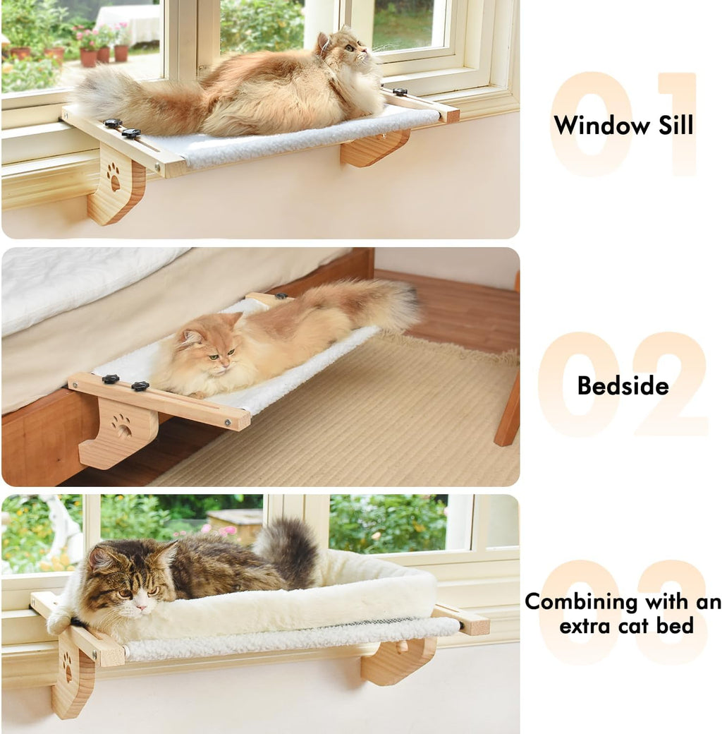 Cat Windowsill Perch with Wood & Metal Frame for Large Cat, 21.7in | Solid Wood Frame, Easy to Adjust, Washable Berber Fleece Cover, No Suction Cups Cat Window Seat for Windowsill, Bedside - view 6