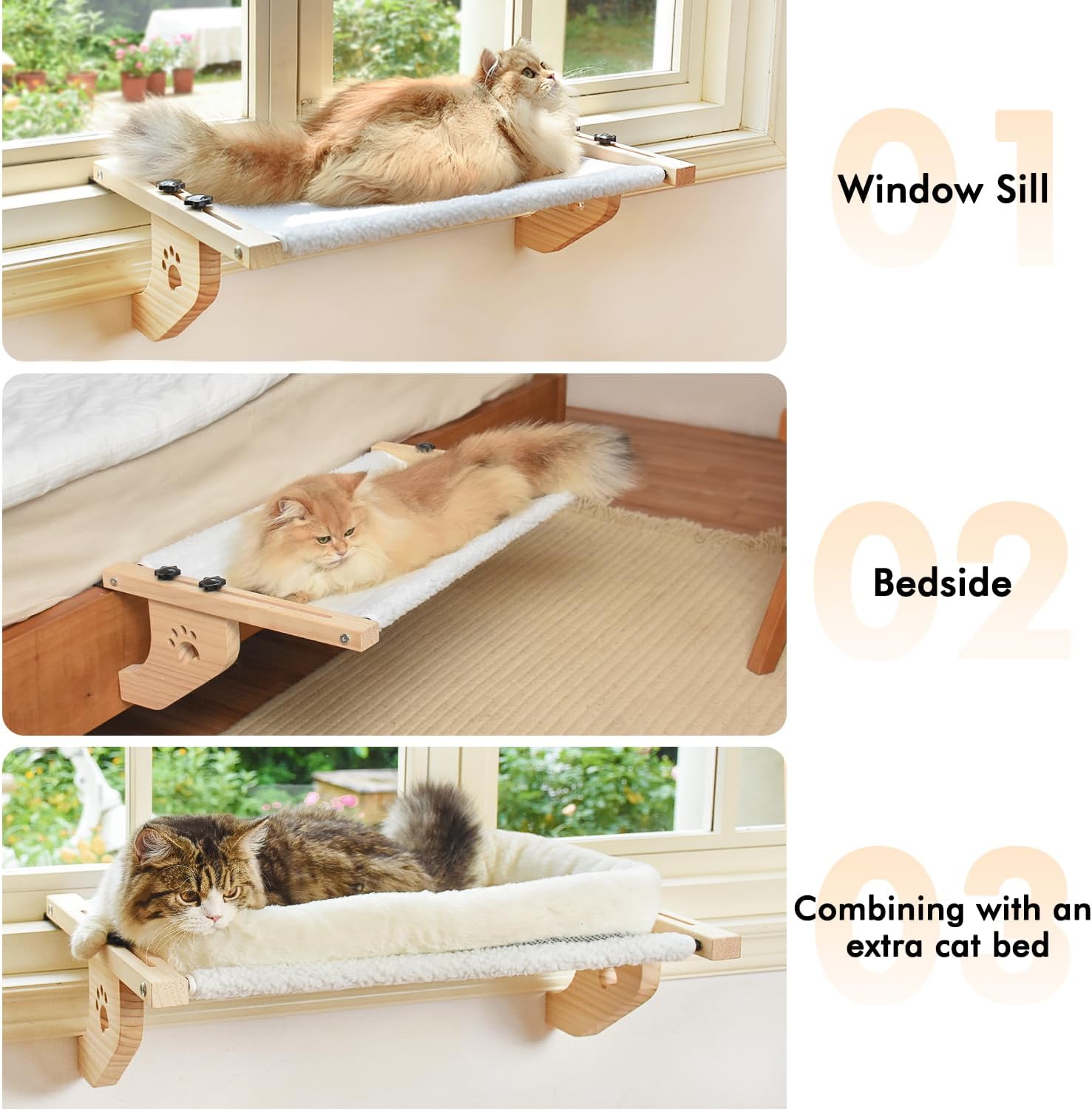 Cat Windowsill Perch with Wood & Metal Frame for Large Cat, 21.7in | Solid Wood Frame, Easy to Adjust, Washable Berber Fleece Cover, No Suction Cups Cat Window Seat for Windowsill, Bedside - view 6