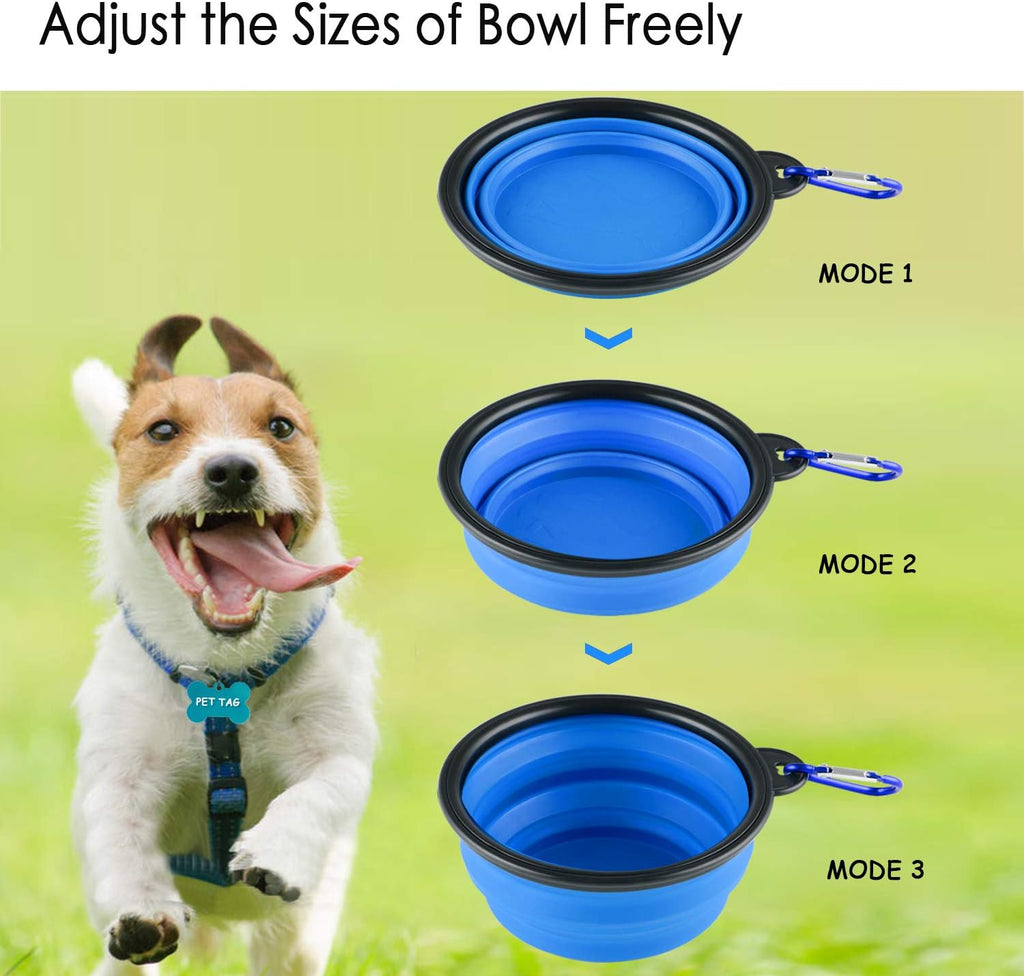 Collapsible silicone dog bowls, 3-pack travel pet food water bowls in orange, green and blue. 5.1 in wide, 2.1 in tall, folds to 0.5 in. Holds 12 oz water or 1.5 cups food. Includes ID tag. - view 3