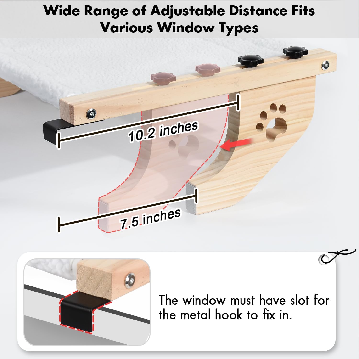 Cat Windowsill Perch with Wood & Metal Frame for Large Cat, 21.7in | Solid Wood Frame, Easy to Adjust, Washable Berber Fleece Cover, No Suction Cups Cat Window Seat for Windowsill, Bedside - view 4