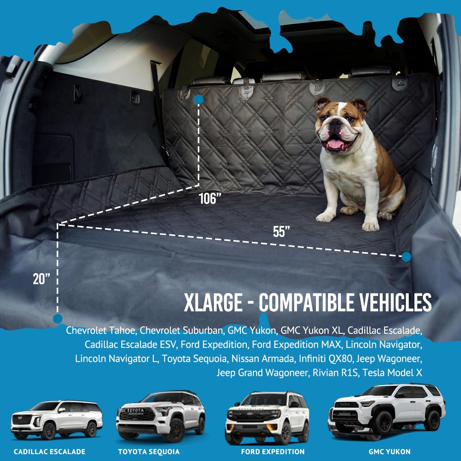 SUV cargo liner for dogs 55"x106" heavy duty pet trunk cargo cover - dog car seat cover waterproof nonslip - dog hair, muddy paws, scratches cover protector for cars vans (X-large, black) - view 2