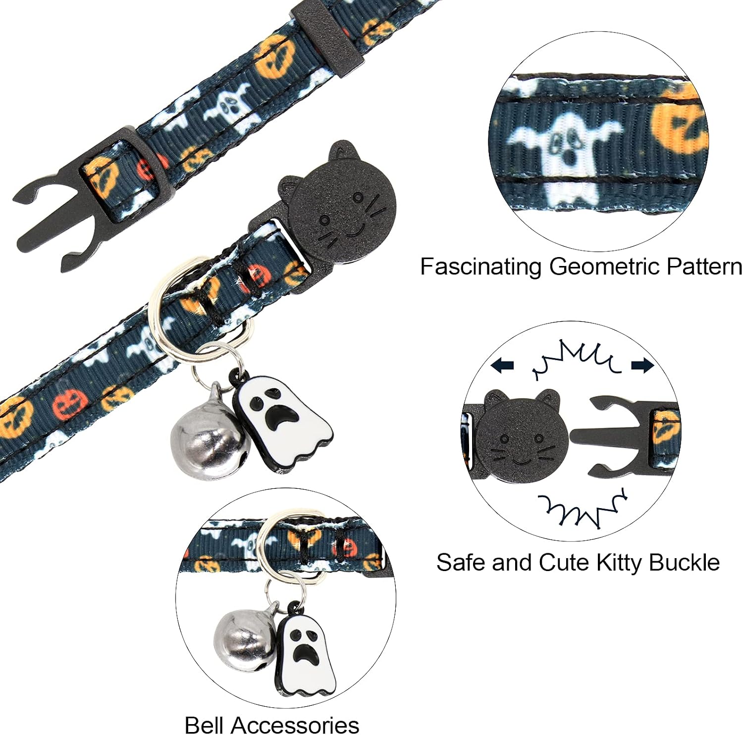 Halloween cat collar, 2 pack breakaway cat collar with bells, pumpkin and ghost charm, Halloween orange+black - view 2