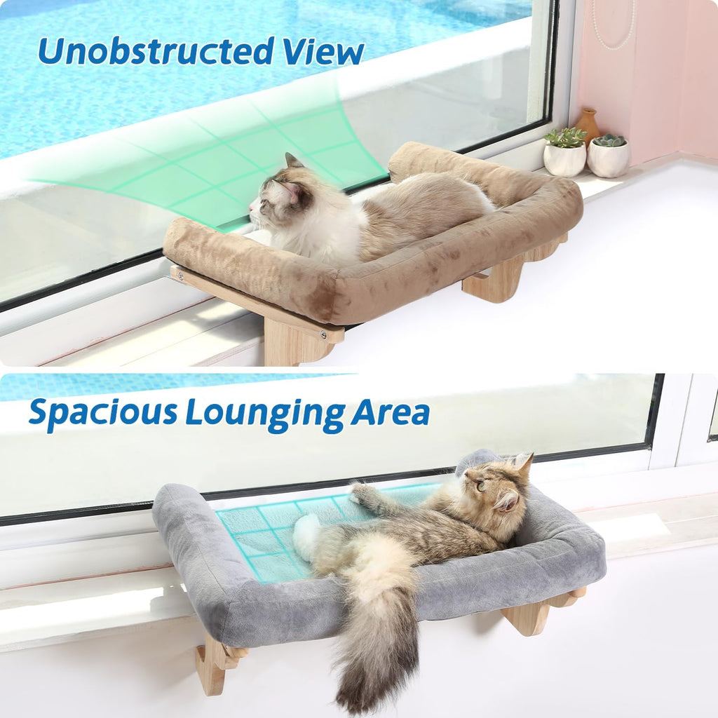 Cat Perch for Window Sill with Bolster - Orthopedic Hammock Design with Premium Hardwood & Robust Metal Frame - Cat Window Seat for Large Cats and Kittens - Natural Color Wood Gray Bed, 24''W - view 2
