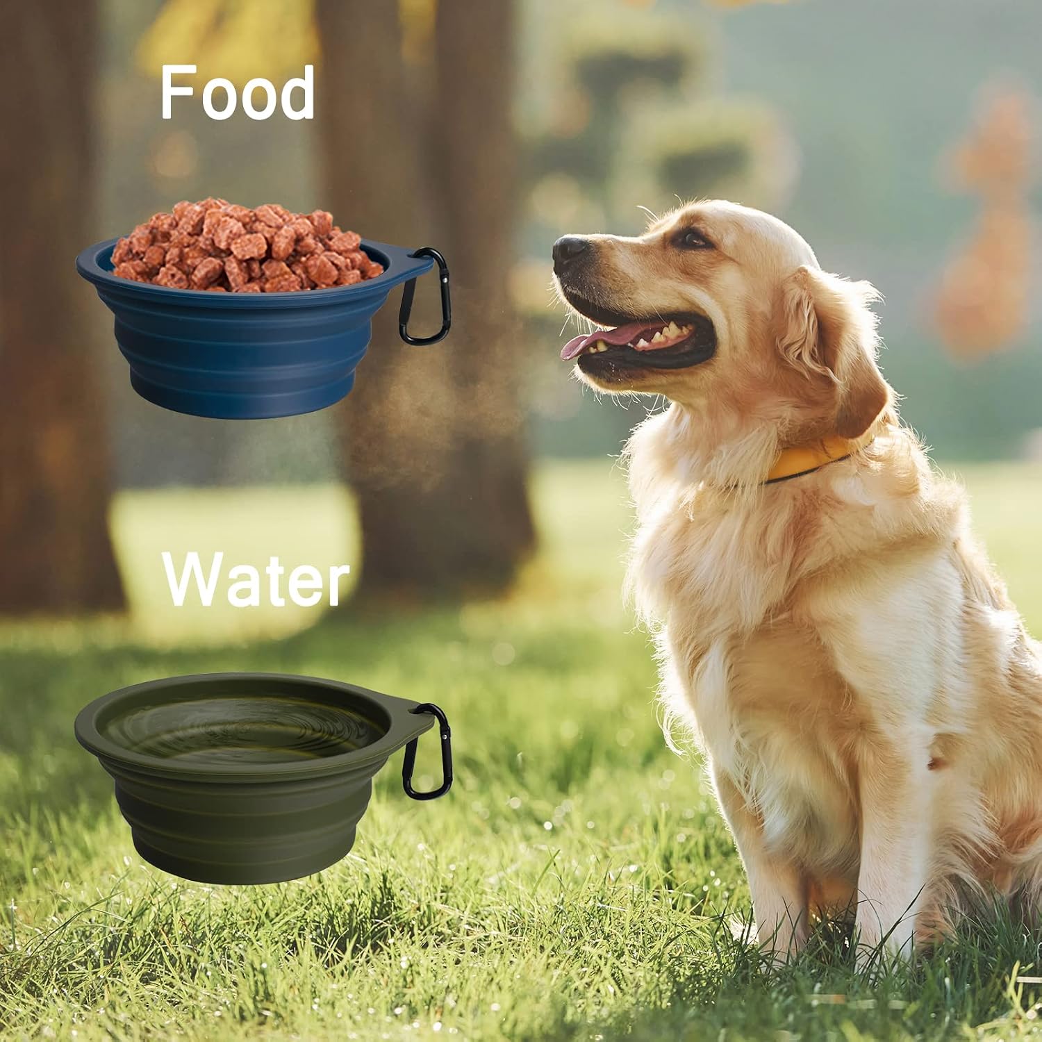 2-Pack Silicone Collapsible Dog Bowls, BPA Free Dishwasher Safe, Portable Foldable Expandable Travel Bowl, Food Water Feeding Cup Dish for Dogs Cats with 2 Carabiners (Army Green, Navy Blue) | 20 Oz, Silicone, Foldable Expandable Cat Feeding Cup Dish, 2 C - view 4