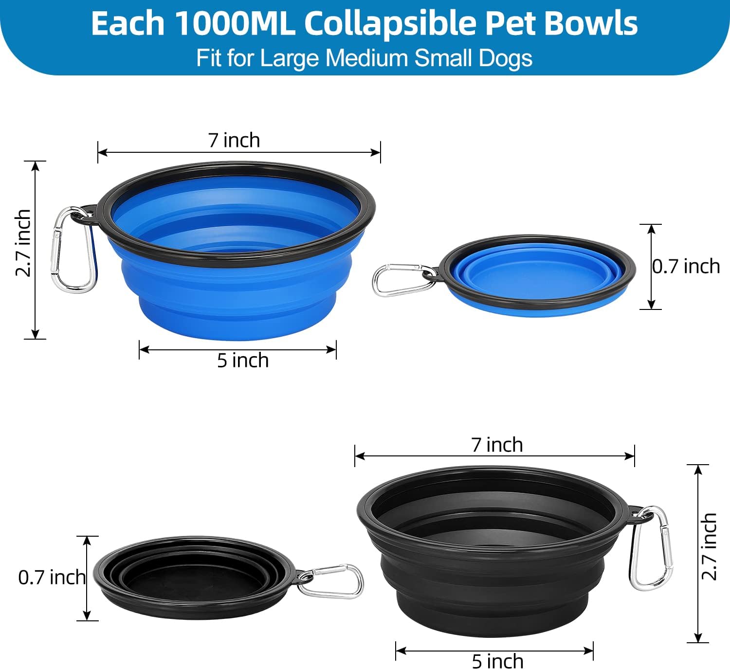 Large Collapsible Dog Bowls 2 Pack, 34oz Foldable Dog Travel Bowl, Portable Pet Water Food Bowl with Clasp, Pet Cat Feeding Cup Dish for Traveling, Walking, Hiking (Black+Blue) - view 2
