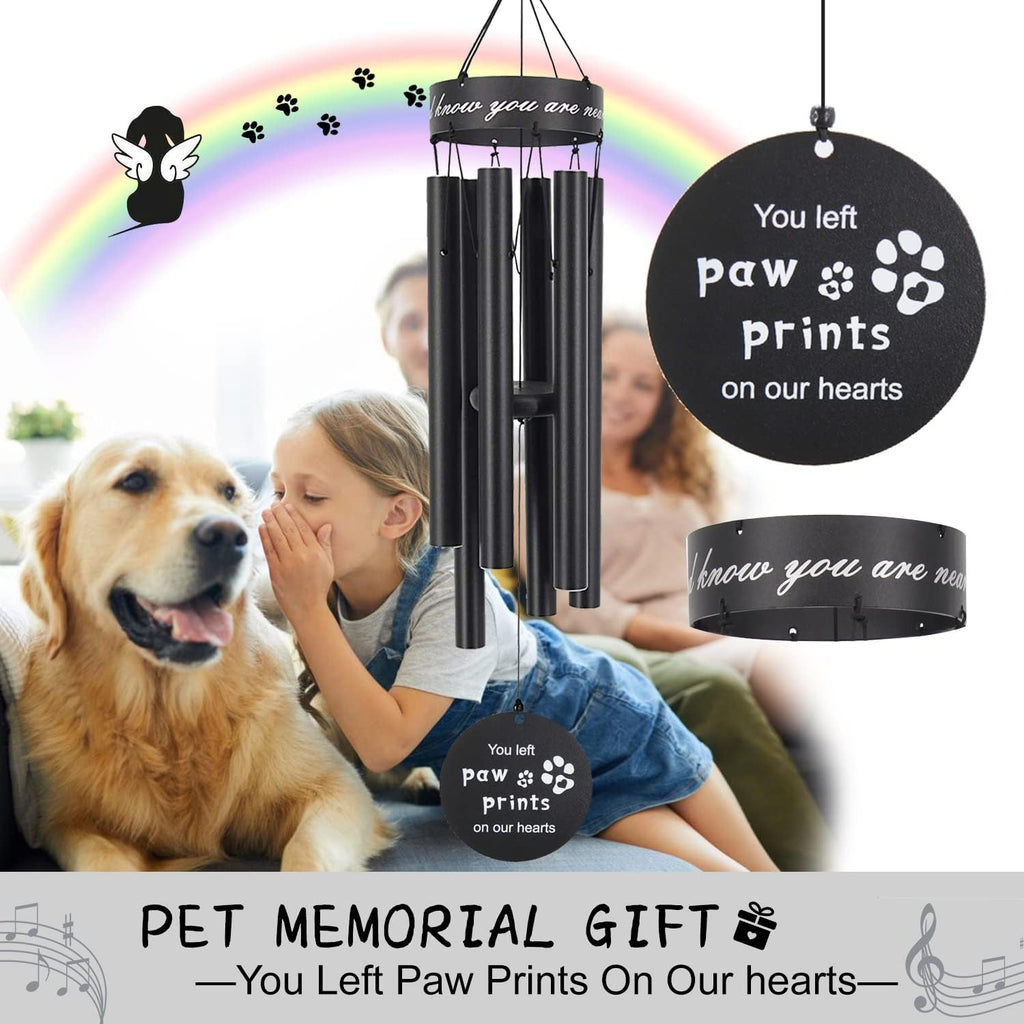 Pet memorial wind chimes, 30 inches paw print pet remembrance gift | to honor and remember a dog, cat, or other pet, premium metal wind chime, black - view 2