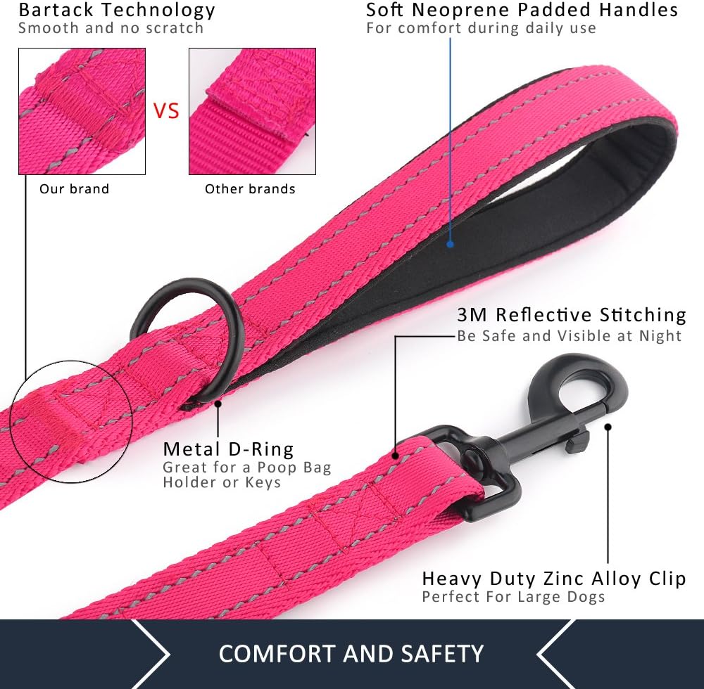 Double Handle Dog Leash, 6 FT Long, for Medium Large Dogs | Reflective Nylon, Soft Padded 2 Handles, Heavy Duty for Training, Dual Handle Lead, 6 FT x 1”, Pink - view 4