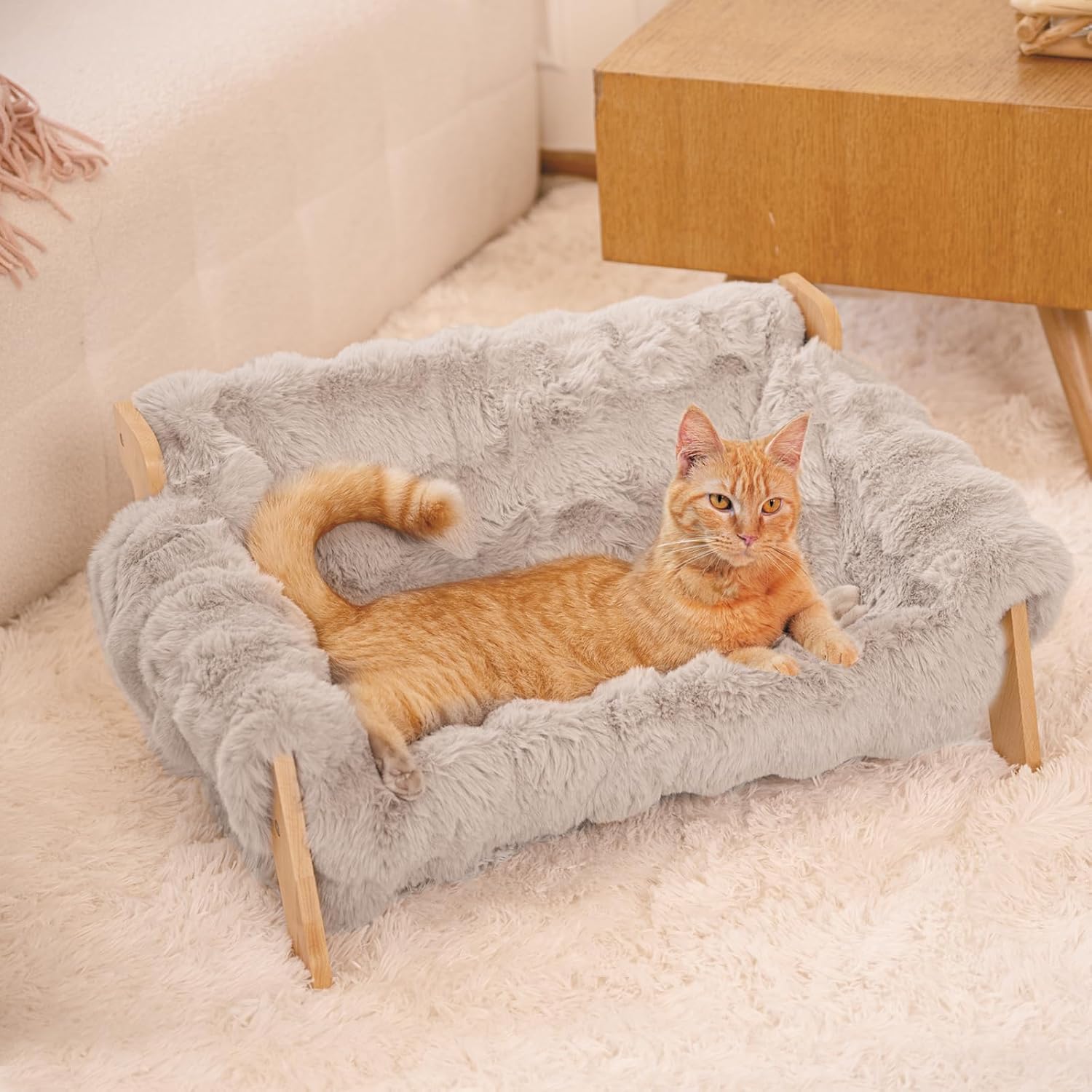Elevated Cat Couch Bed Wooden Raised Kitty Sofa Lounge Chair | Washable Fluffy Cover Wooden Elevated Pet Furniture for Indoor Cats and Puppy(White) - view 7