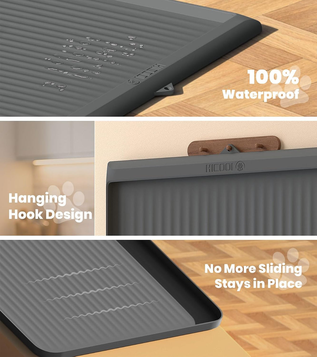 Dog food mat 36"x24", waterproof dog bowl mat, grey | raised edges prevent spills, diversion grooves, waterproof surface, non-slip backing, easy to clean - view 4