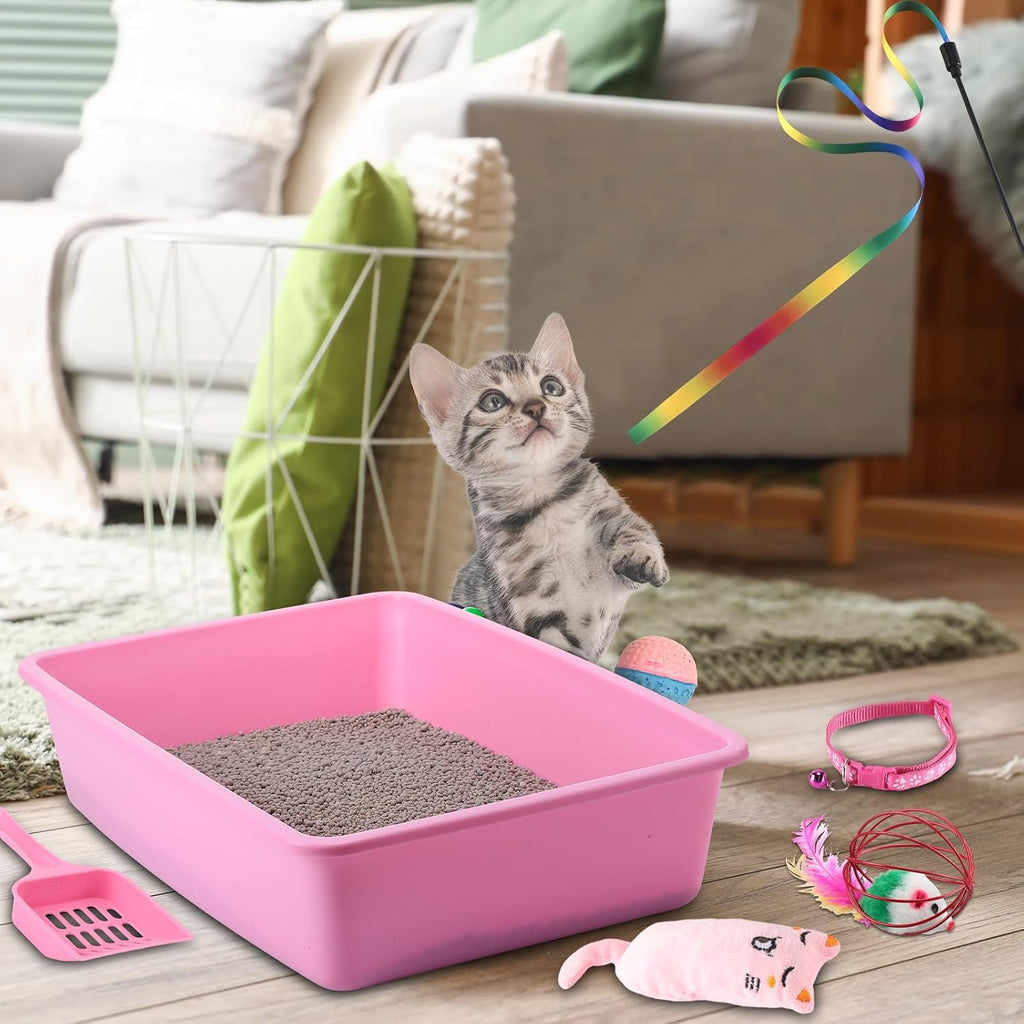7 pcs small cat kitten starter kit - litter box, paw mat, double bowls, toy teaser stick, collar - essentials kit for 1-3 lbs beginner (pink) - view 6