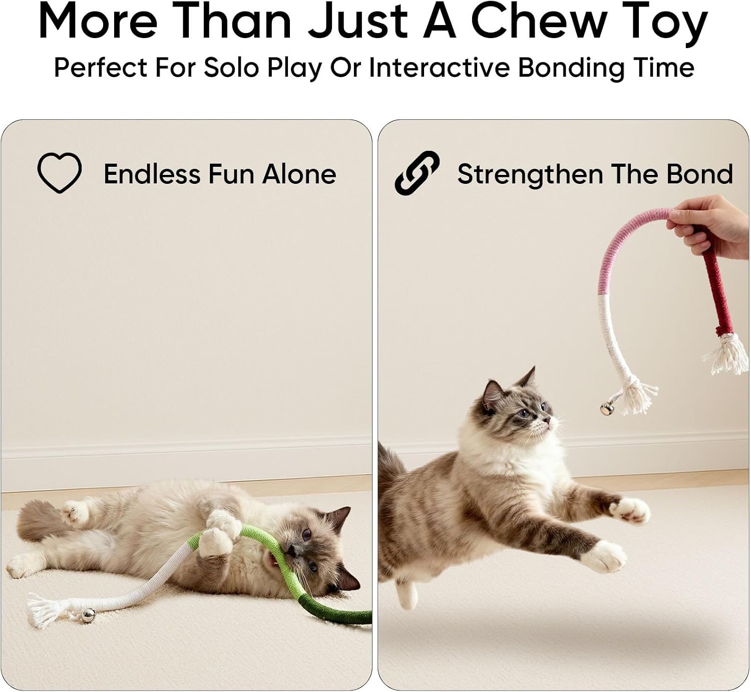 4-Pack Interactive Cat Chew Rope Toys, Teaser Sticks with Jingle Bells | Colorful Cotton Rope Toys Support Chewing, Teething & Play, Cat Chew Toys for Indoor Cats and Kittens, Boredom Relief - view 5