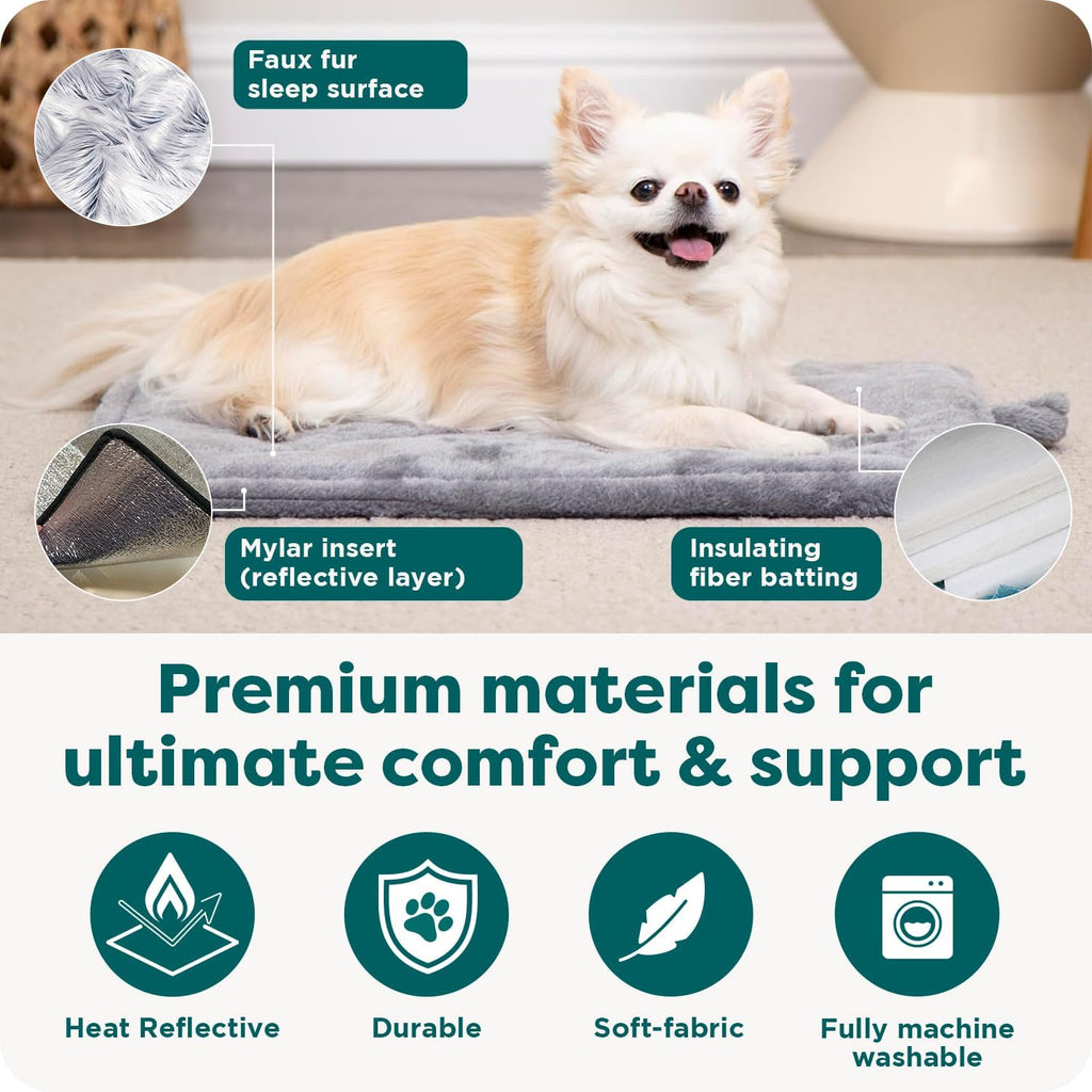 Self-warming cat bed for indoor cats & small dogs, washable & reflects body heat - quilted faux fur reflective bed mat - leopard, small - view 5