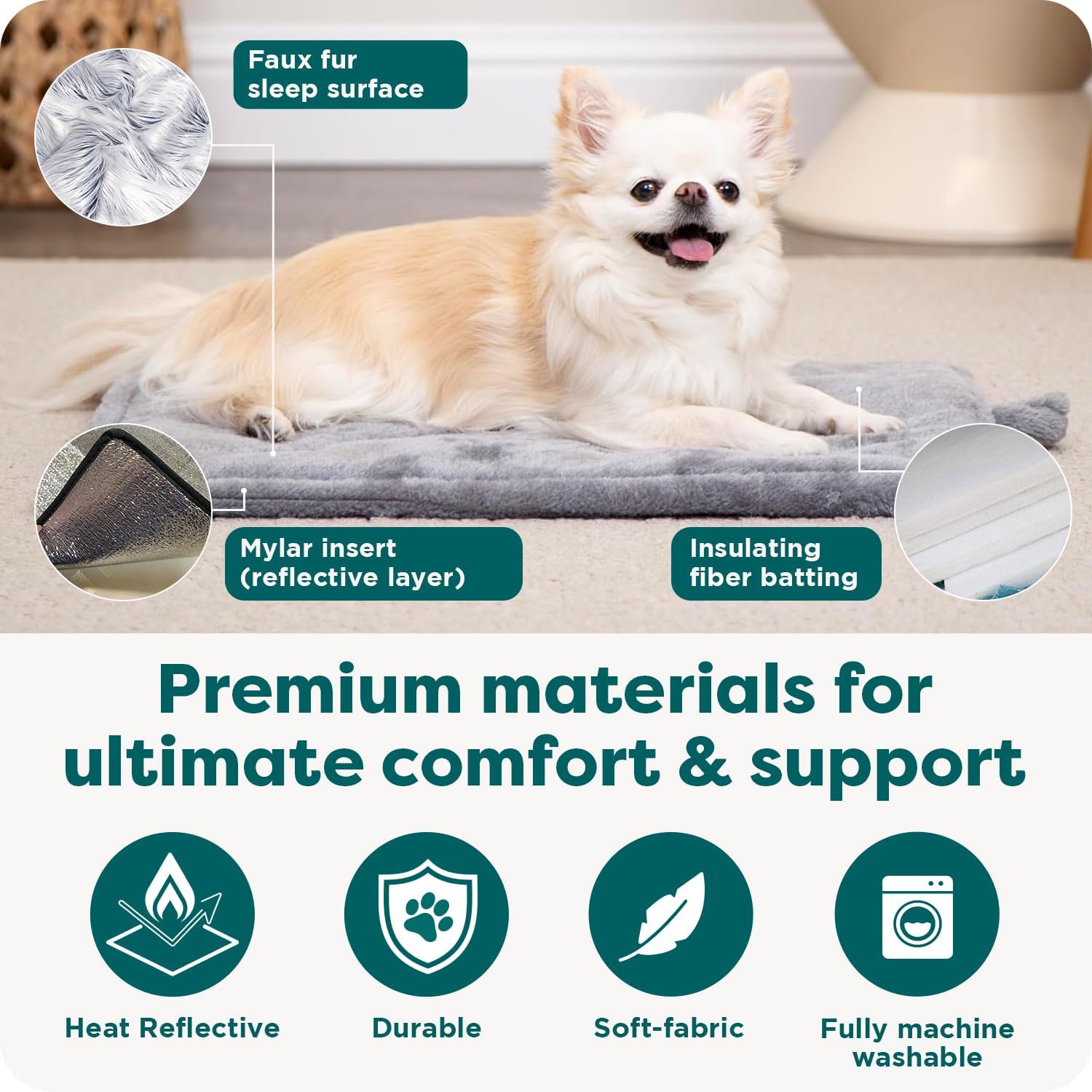 Self-warming cat bed for indoor cats & small dogs, washable & reflects body heat - quilted faux fur reflective bed mat - leopard, small - view 5
