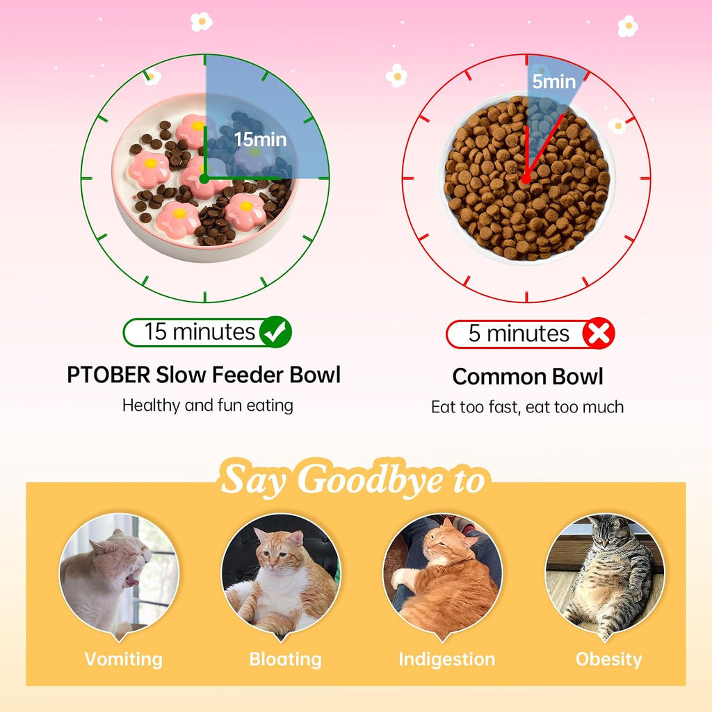 Ceramic slow feeder cat bowl, 6.3" whisker friendly anti-vomit, blush | shallow cat puzzle feeder, slow eating 3x, dry & wet food, cute flower-shaped maze, microwave & dishwasher safe, 6.3" X 1.2" - view 3