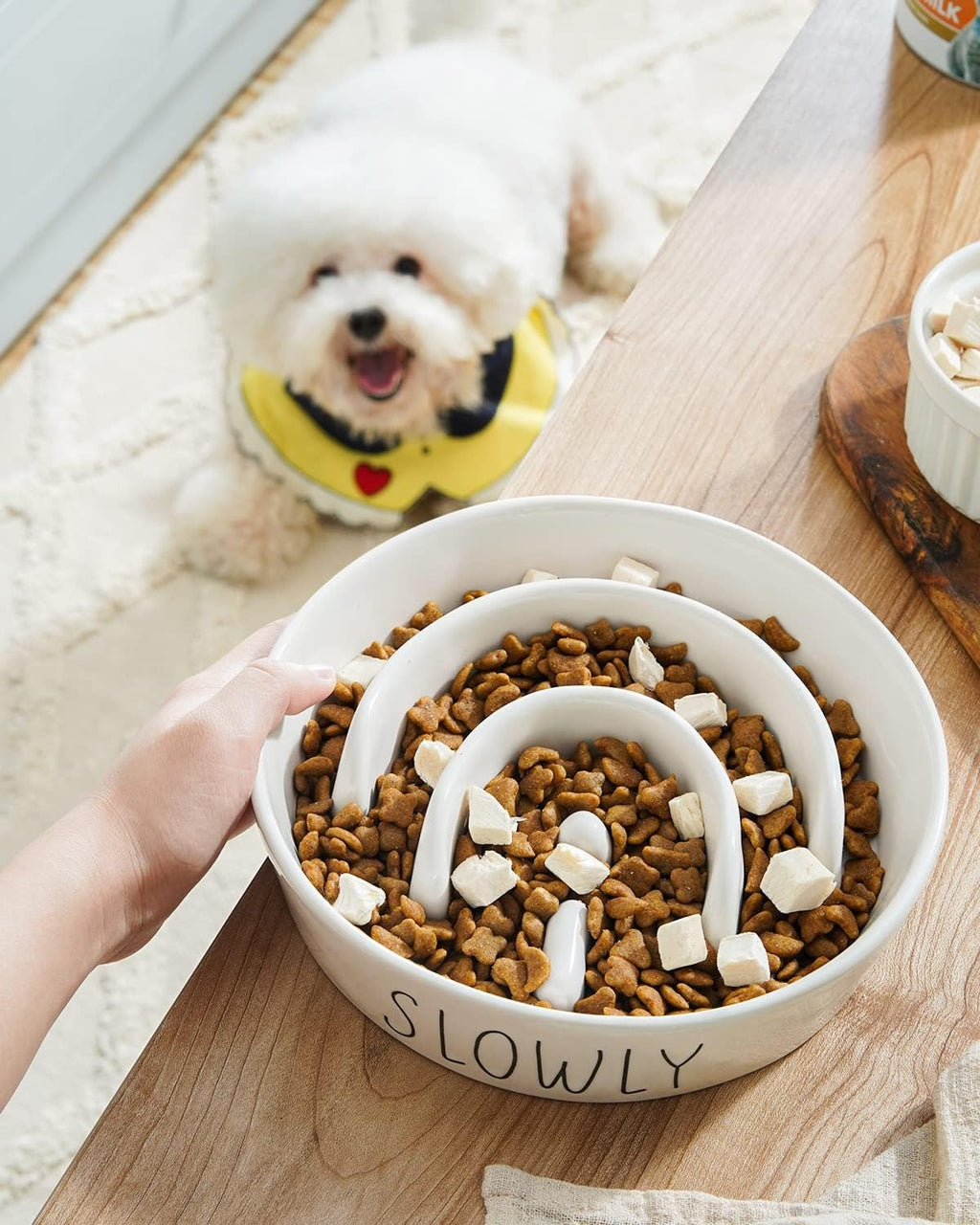 Slow feeder dog bowl - 1.5 cups ceramic puzzle feeder for small & medium breeds, maze design bowl for puppy & fast eaters, white pet dish to control eating speed - view 6