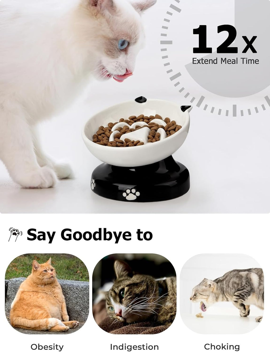 Ceramic Cat Slow Feeder, Elevated Dog Food Bowl Tilted Design, Slow Feeder Bowl no Black Chin, Cat Shape for Dry and Wet Food - view 6