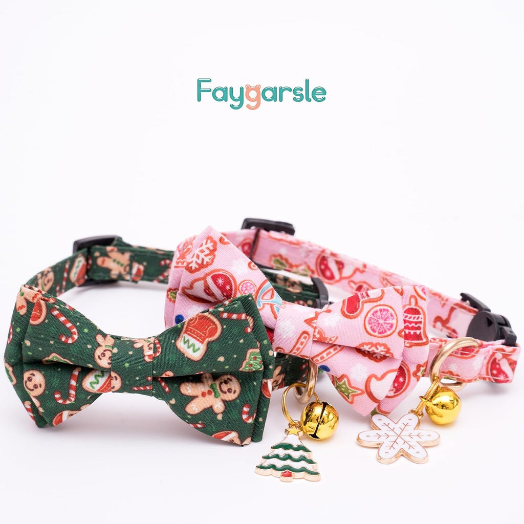 2 Pack Christmas Cat Collars - Cute Holiday Collars with Bow Tie, Breakaway, Pink & Green, Winter, for Boy & Girl Cats - view 7