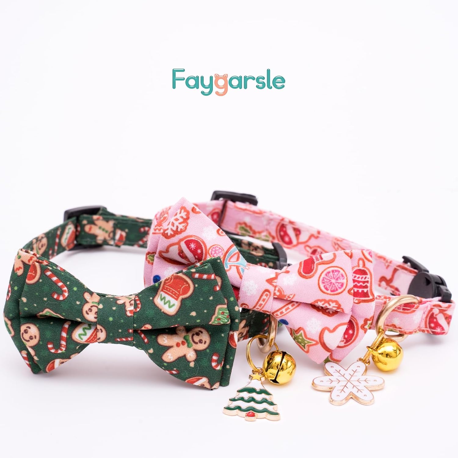2 Pack Christmas Cat Collars - Cute Holiday Collars with Bow Tie, Breakaway, Pink & Green, Winter, for Boy & Girl Cats - view 7