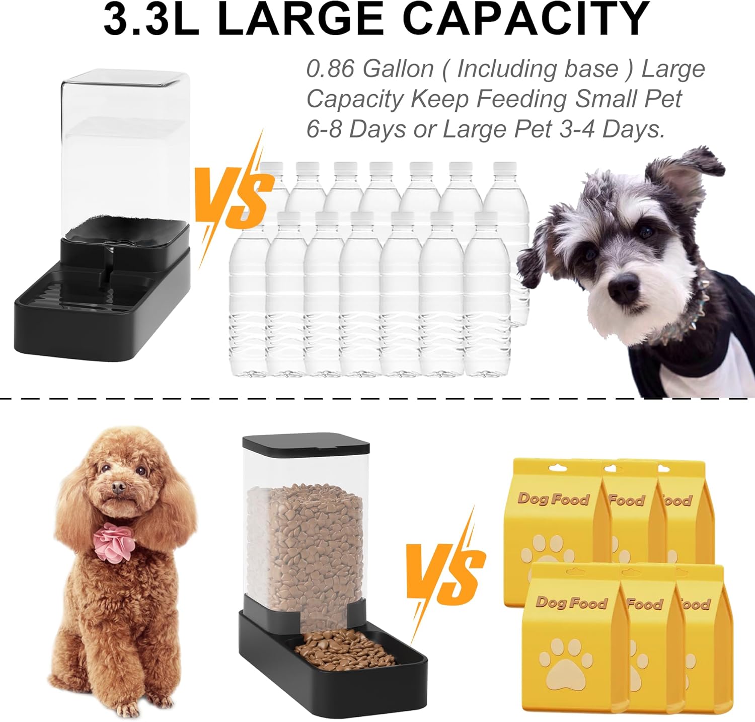 Automatic cat feeder and water dispenser in set with pet food bowl, gravity dog waterer and food feeder for small medium dog cat puppy kitten large capacity (3.3L, black) - view 3
