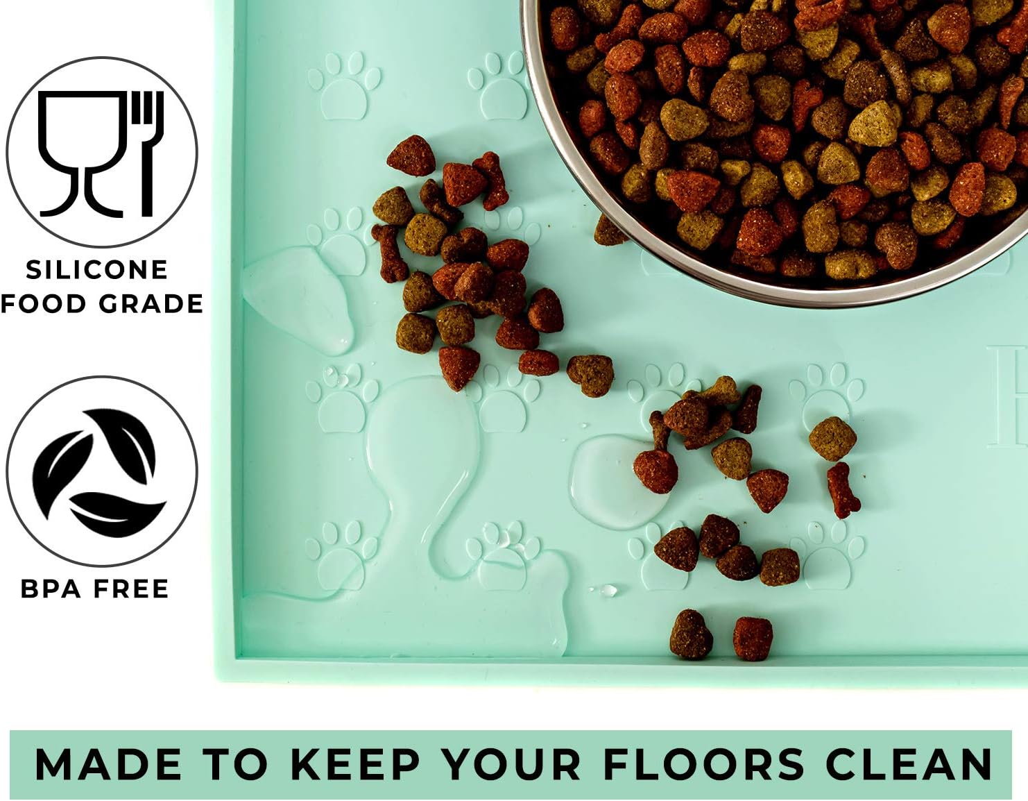 Food mat feeding tray - non-slip, anti-spill, raised dog food bowl mat, easy clean waterproof - premium quality silicone - perfect for dogs and cats, 24"x16" (cool mint) - view 8