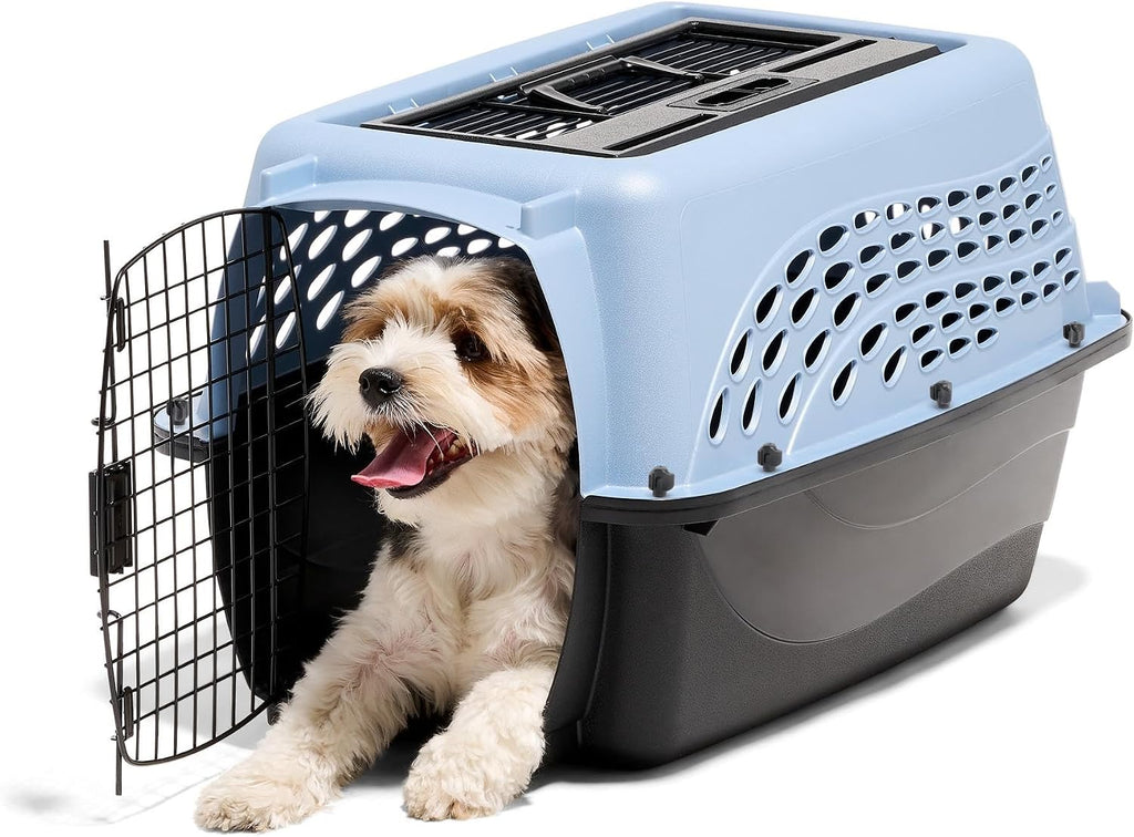 Dog Crates for Small Dogs & Cat Carriers, Two-Door Plastic Pet Kennel, Top & Front Loading, Made in USA, 24", Blue | Plastic pet kennel made in USA, for small pups and kittens, dual entry design, great for travel and vet trips, easy access - view 2