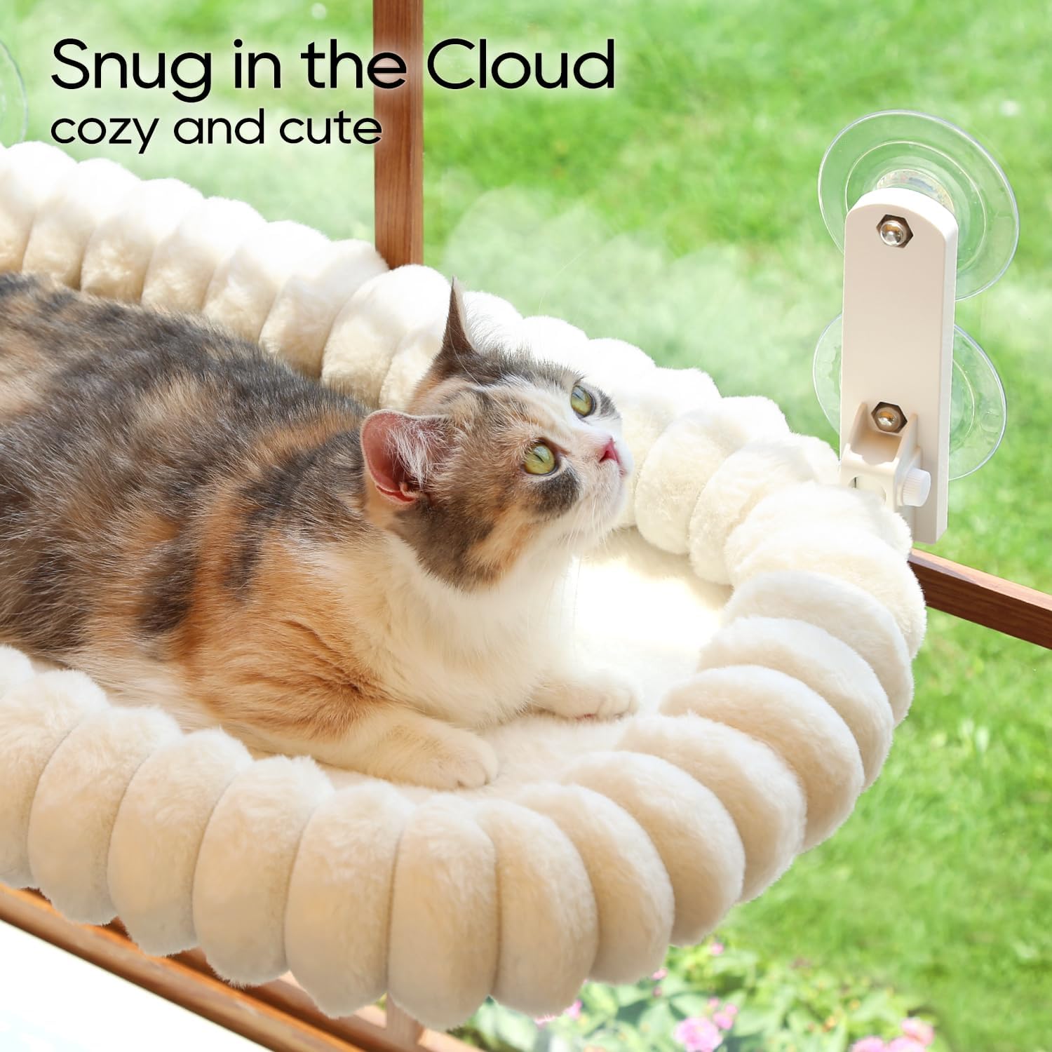 Foldable cat window perch - cordless, ultra soft machine washable bed with 4-sided bolster, metal frame - window hammock for large cats and kittens (cream white, medium) - view 6