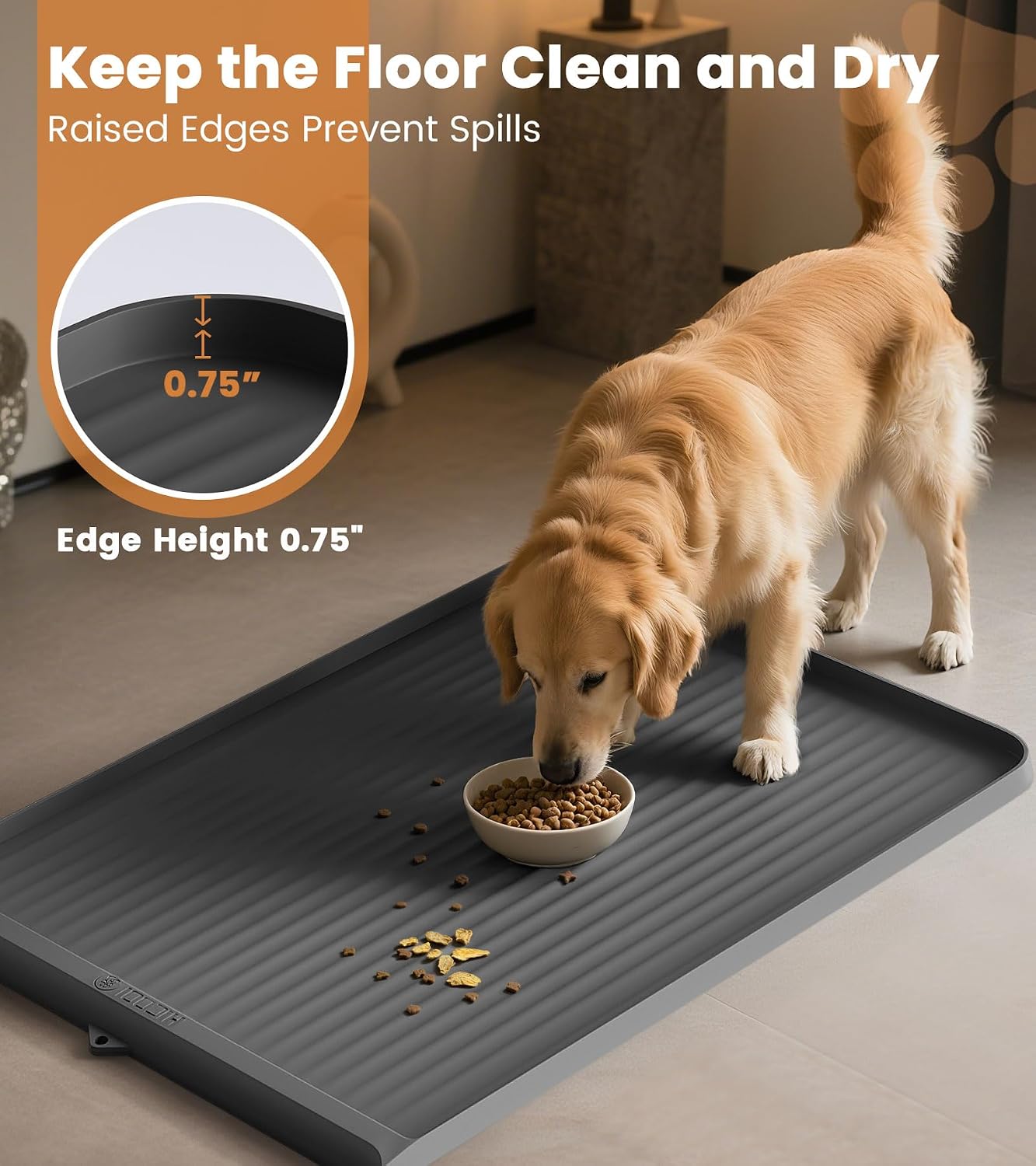 Dog food mat 36"x24", waterproof dog bowl mat, grey | raised edges prevent spills, diversion grooves, waterproof surface, non-slip backing, easy to clean - view 3