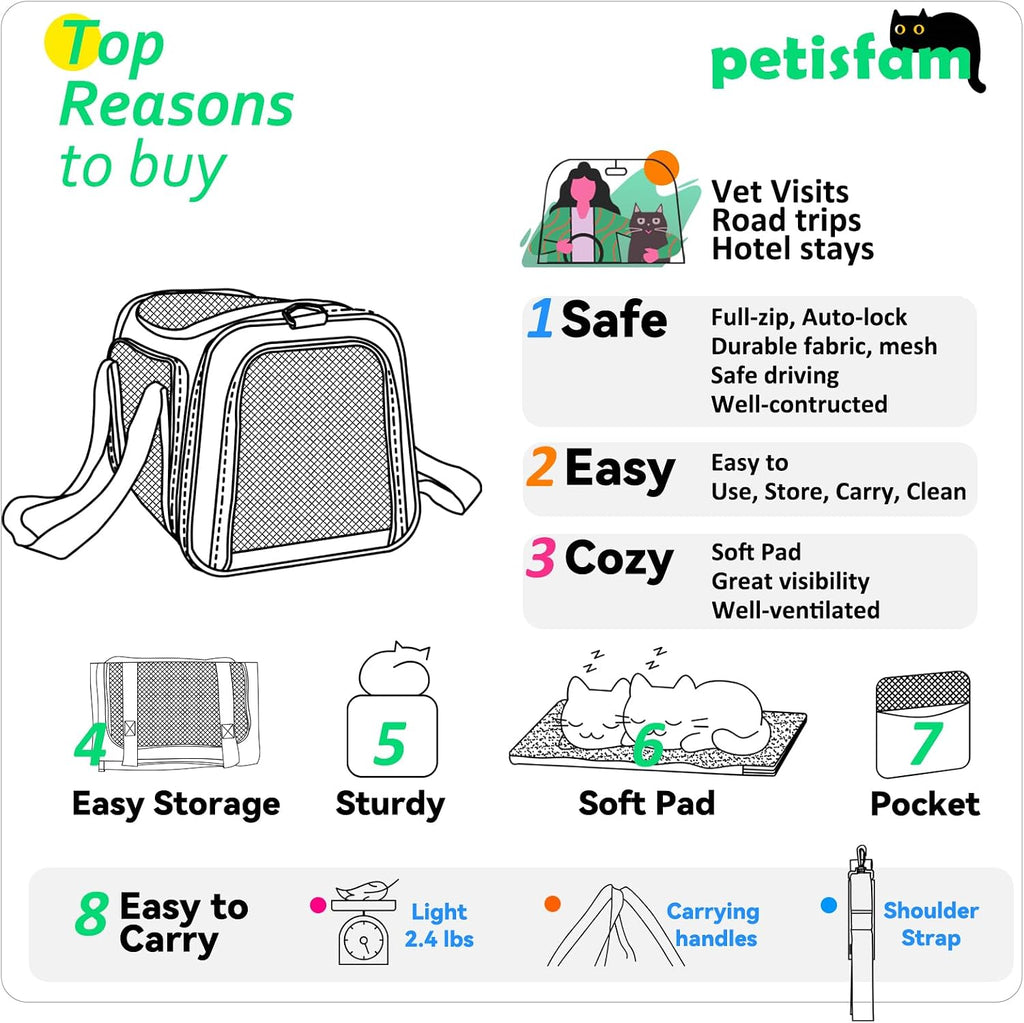 Pet carrier bag for cats & dogs. Airy mesh windows let fur-kids see you reduce anxiety & breath easy. Rip-stop fabric & lockable zips hug securely. Washable comfy pad. Collapsible - view 7