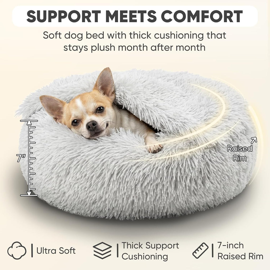 Small cat & dog bed with cover, calming dog bed for small dogs, anti-anxiety donut dog bed with attached blanket, washable round fluffy pet bed (20"/26"/35"), light grey - view 6