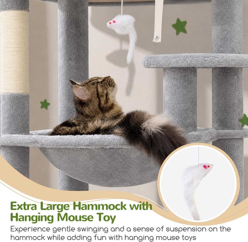 Heavy Duty Cat Tree, 70 inch Sturdy Cat Tree for Indoor Cats Extra Large Cat Tower with Scratching Post, Hammock, Cat Condo for Adult Cats Kittens, F70 Pro, Light Grey - view 3