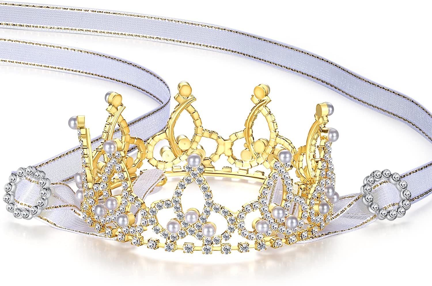 Pearl Rhinestone Pet Crown for Dogs & Cats, Gold, S | Full Round Dog/Cat Crown, Rolyal Family Costume, Pet hair Accessories - view 4